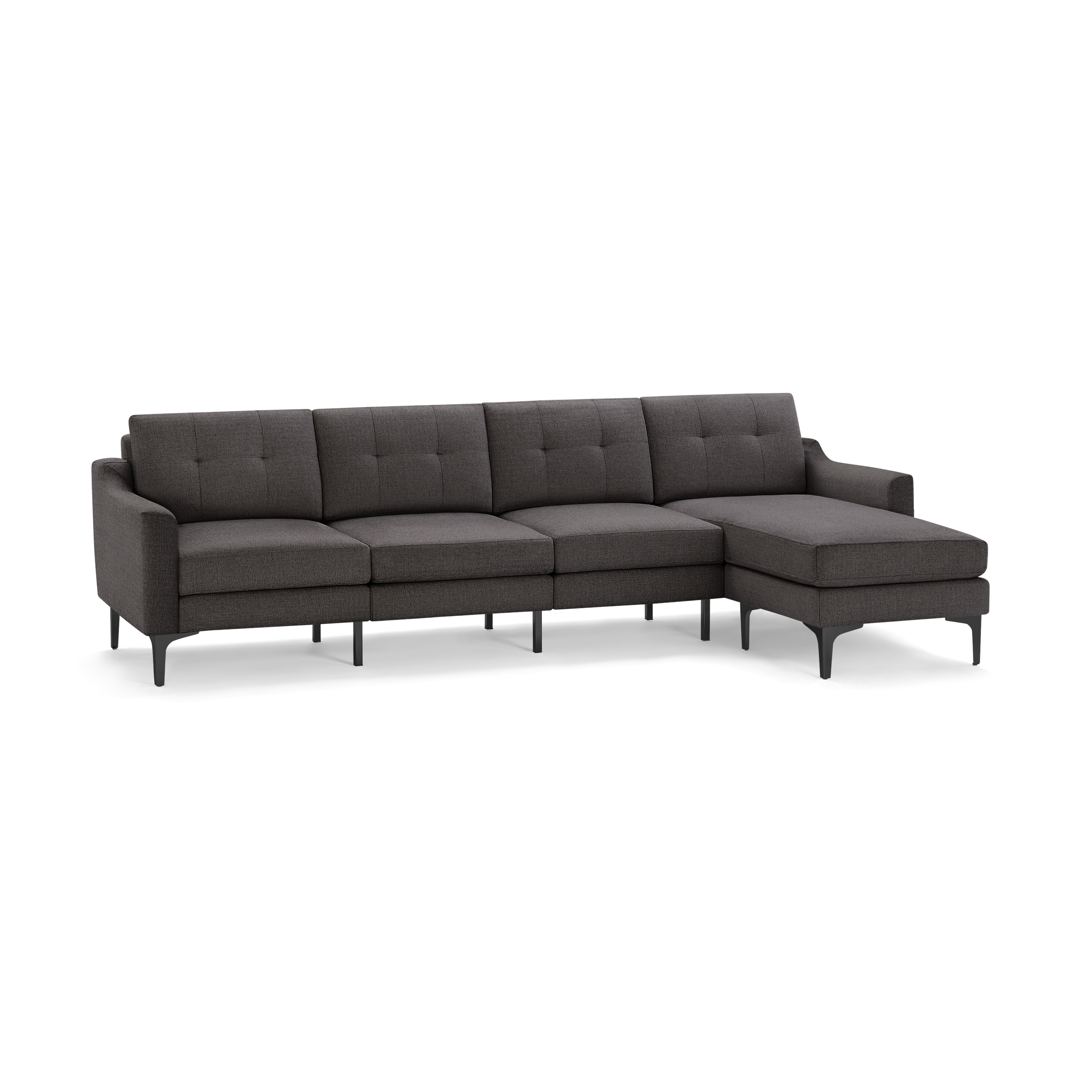 Modern dark gray fabric sectional sofa with tufted back cushions and slim black metal legs, featuring a chaise lounge on the right side.