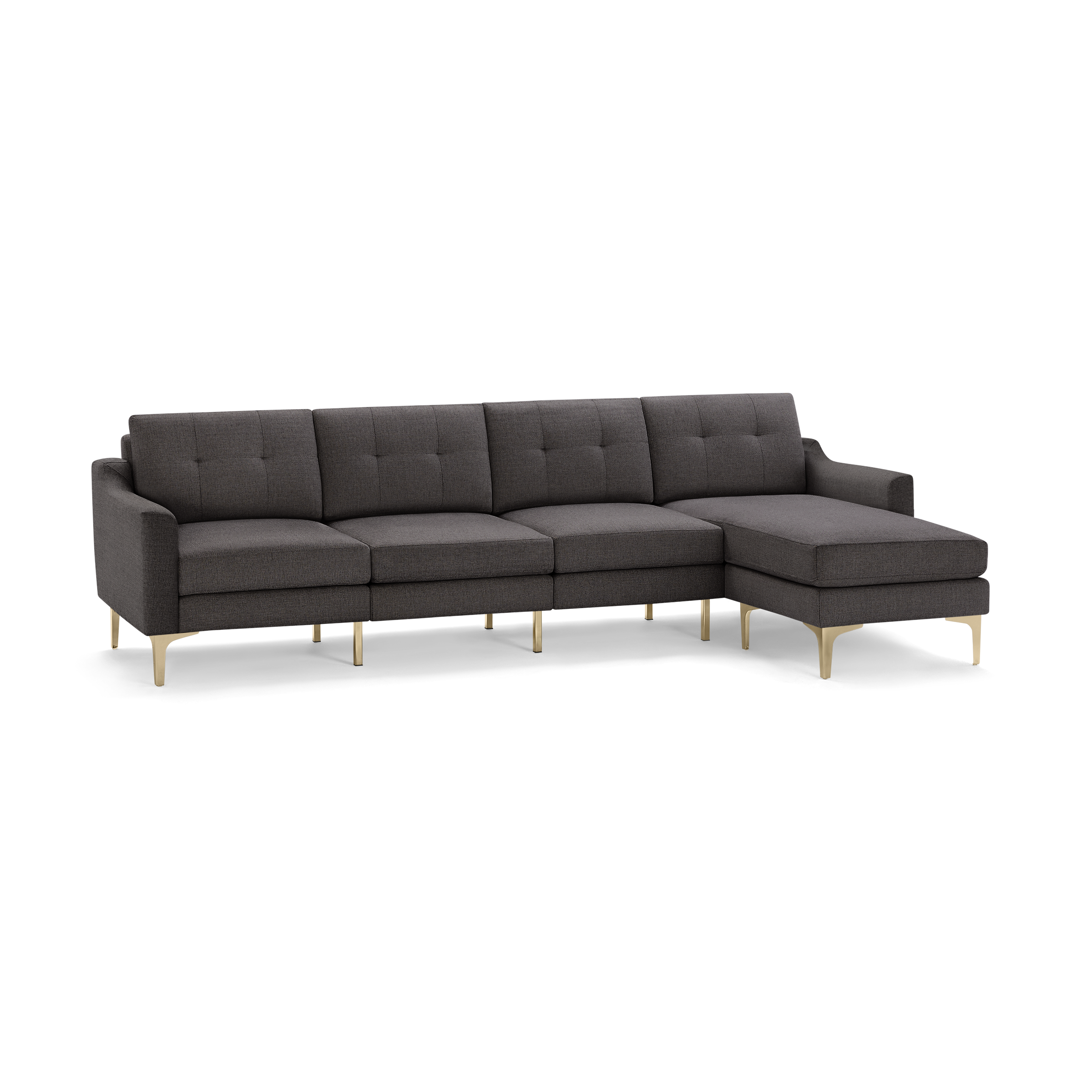 Dark gray fabric sectional sofa with tufted cushions and gold metal legs, featuring a right-side chaise lounge.
