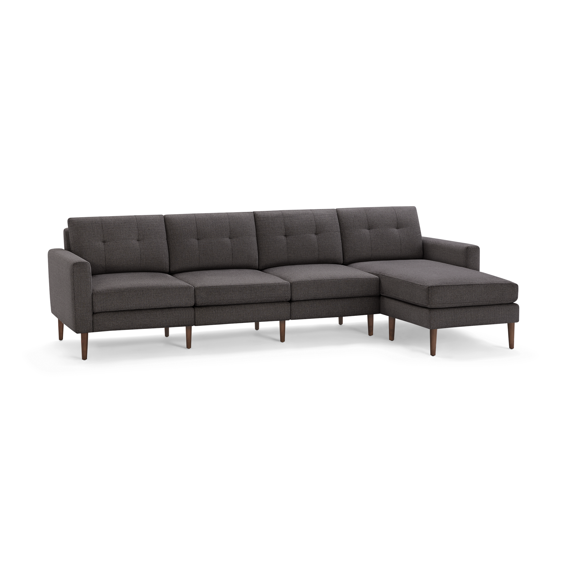 Modern dark gray fabric sectional sofa with tufted back cushions and wooden legs, featuring a chaise on the right side.