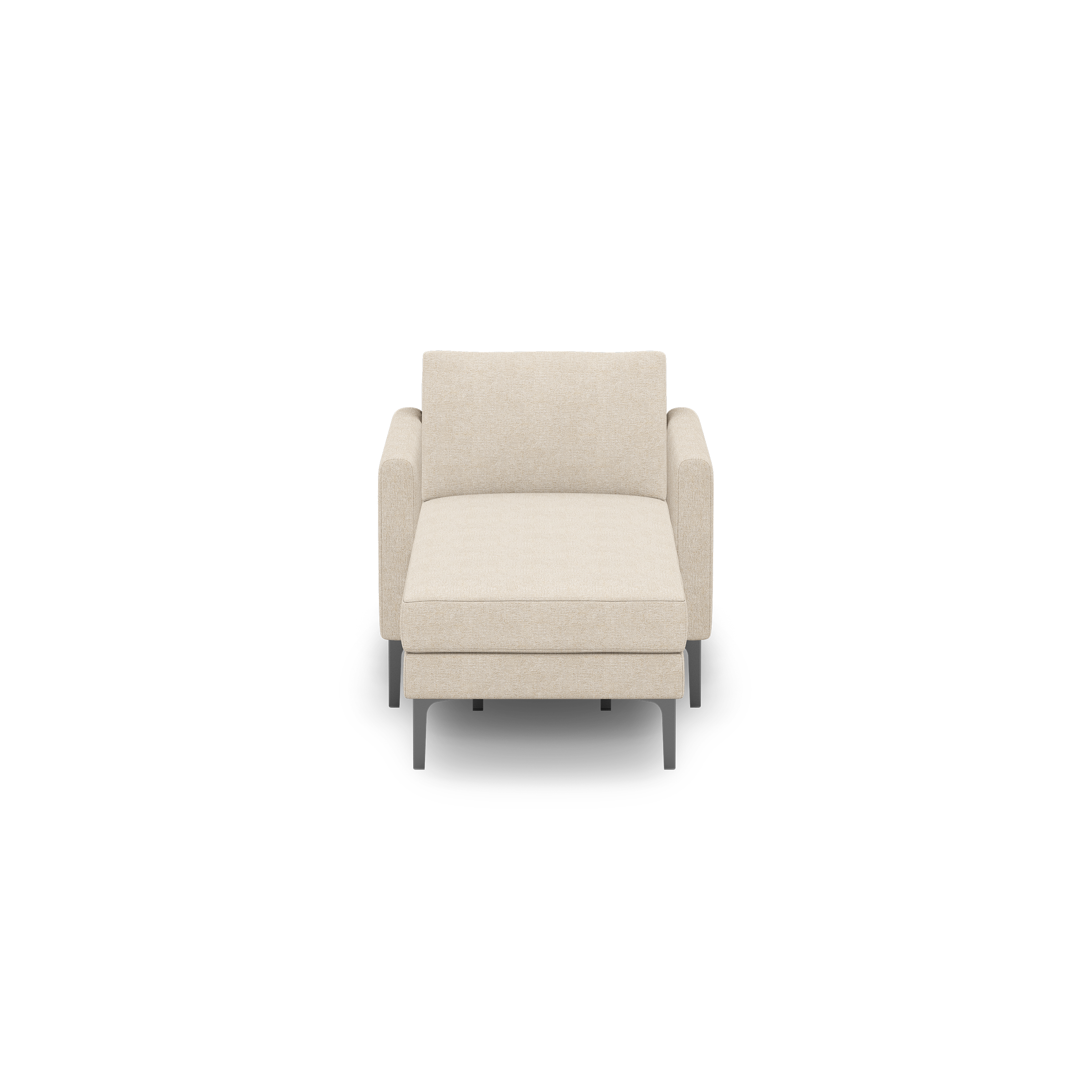 Front view of a modern beige armchair with cushioned seat and backrest, supported by slim black metal legs.