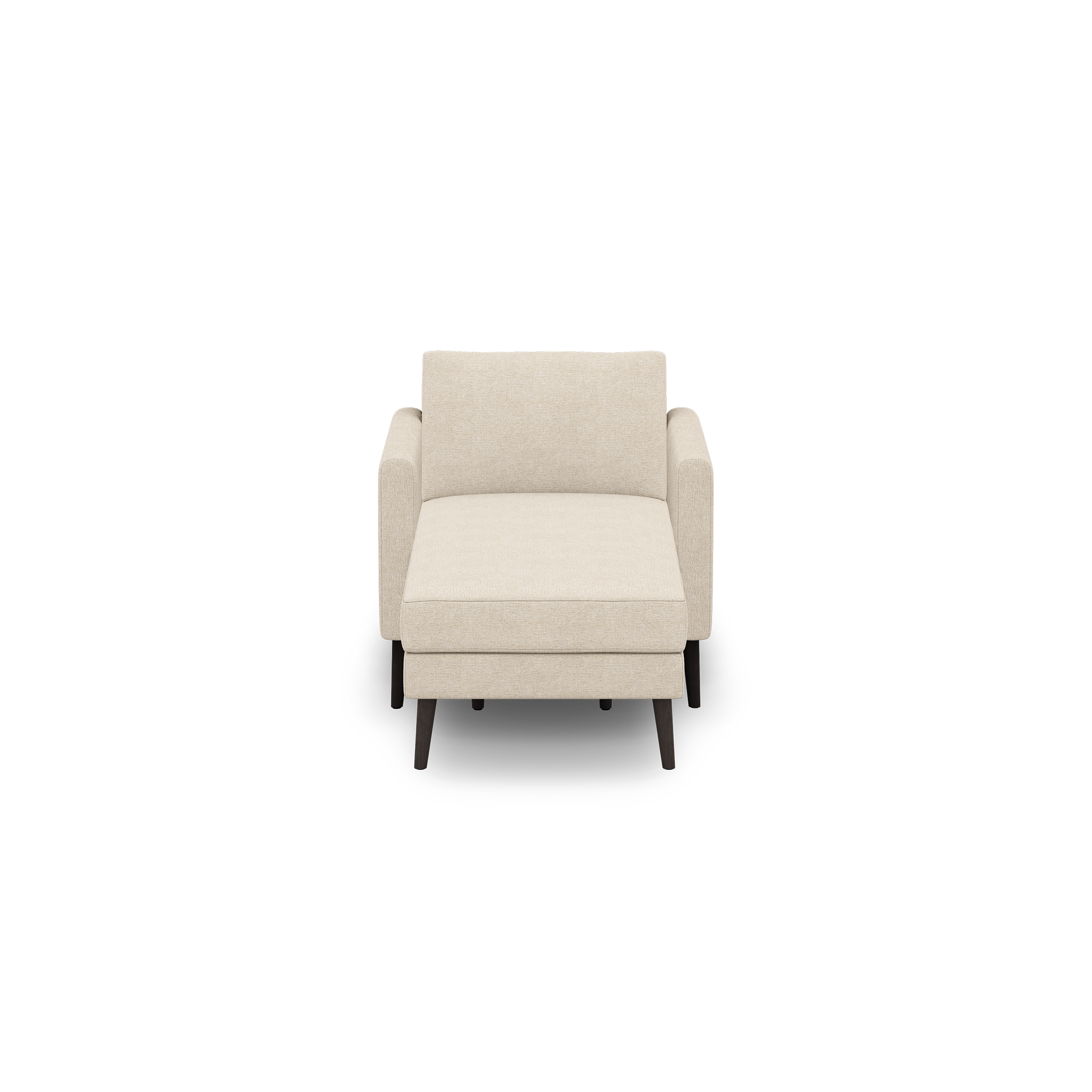 Beige modern armchair with cushioned seat and backrest, straight armrests, and dark wooden legs on black background.