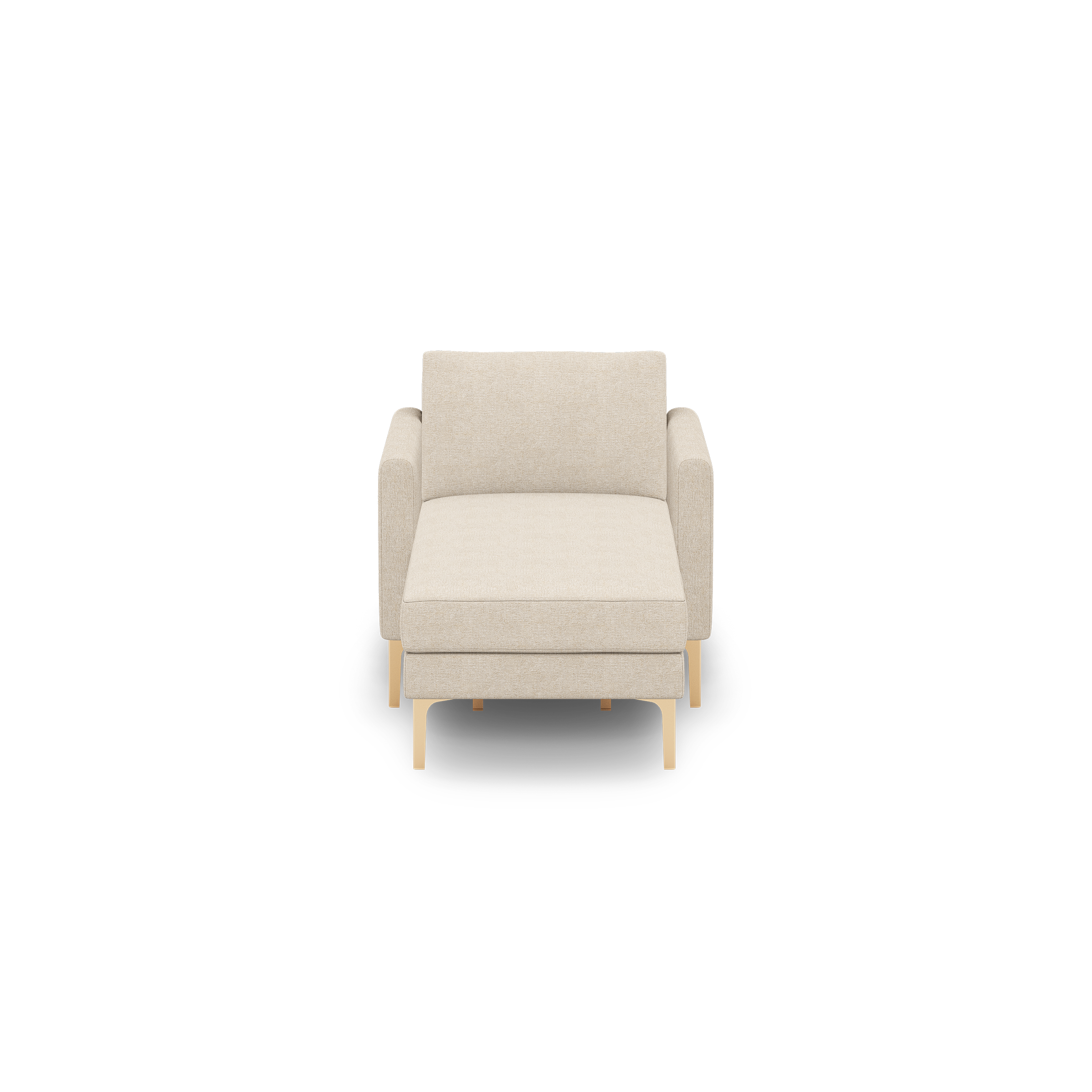 Beige upholstered armchair with wooden legs, featuring a simple, modern design and squared armrests, isolated on black background.