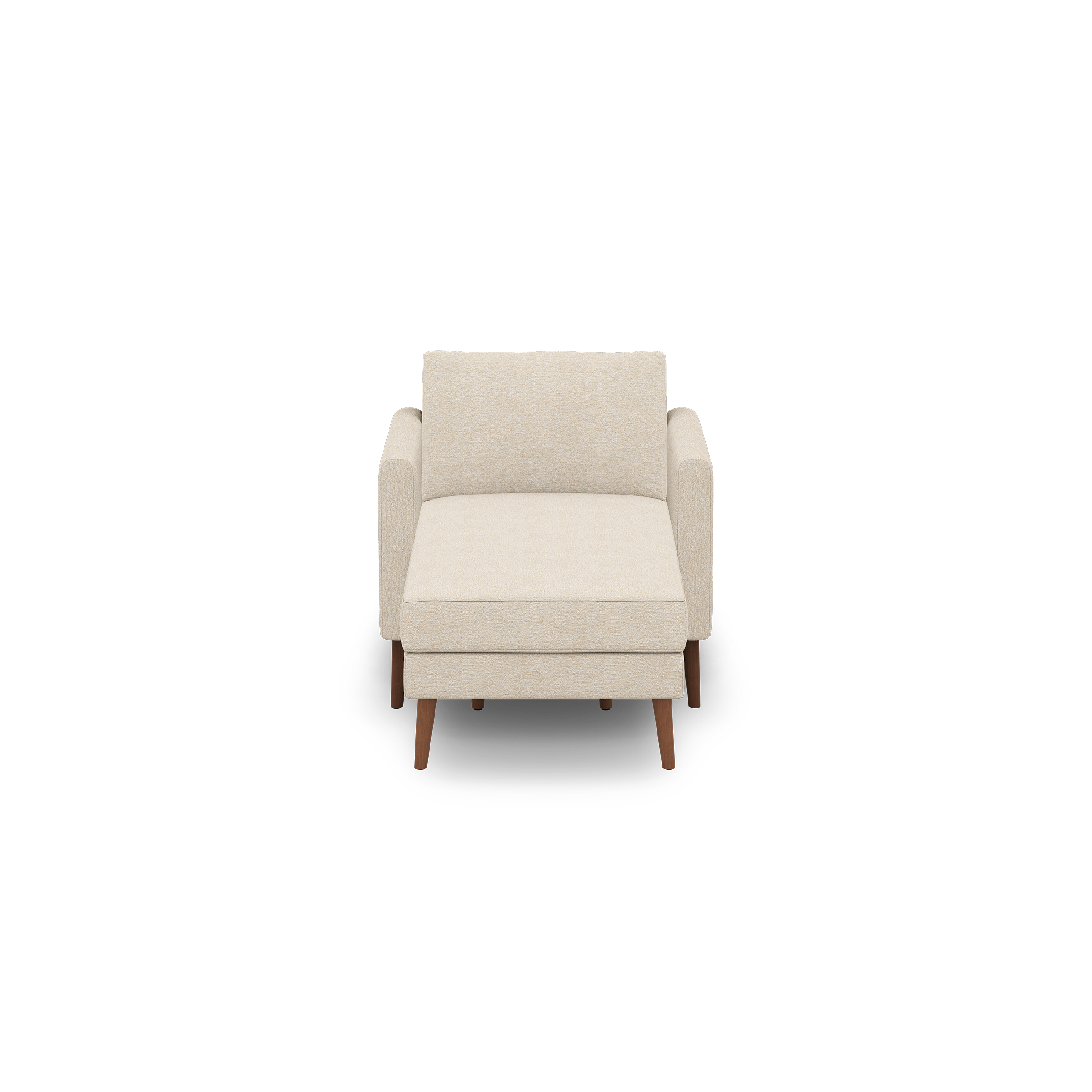 Beige upholstered armchair with wooden legs, featuring a cushioned seat and backrest in a modern minimalist design.