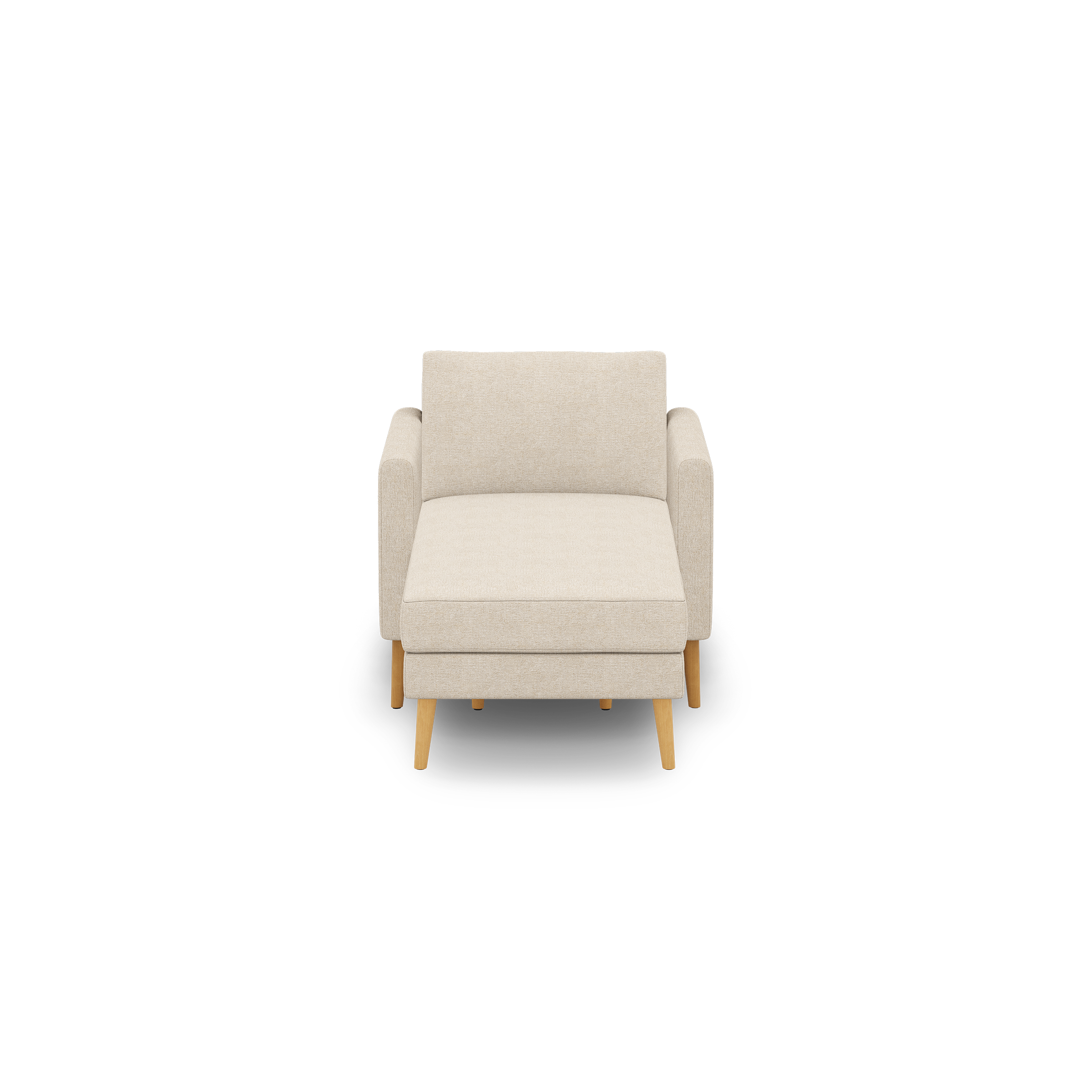 Beige upholstered armchair with wooden legs, featuring padded seat, backrest, and armrests, viewed from the front on black background.