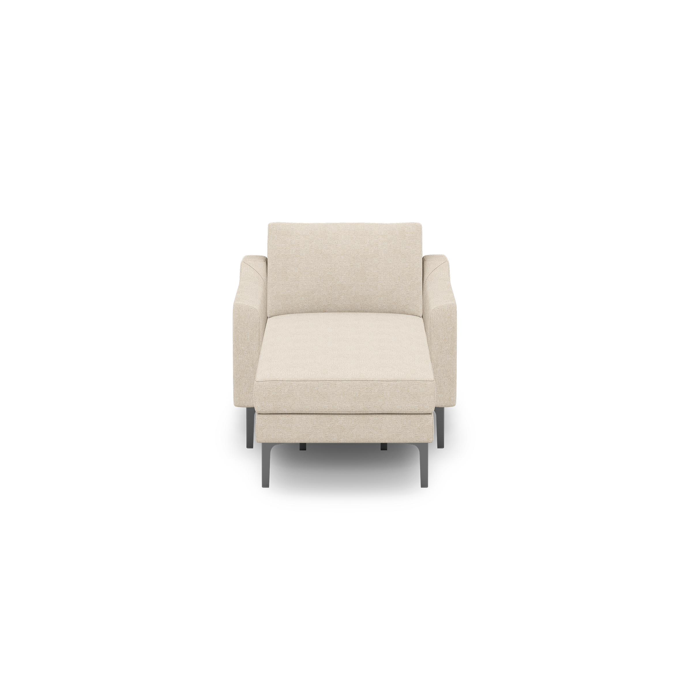 Beige modern armchair with slim black metal legs, padded seat, backrest, and armrests, shown from the front.