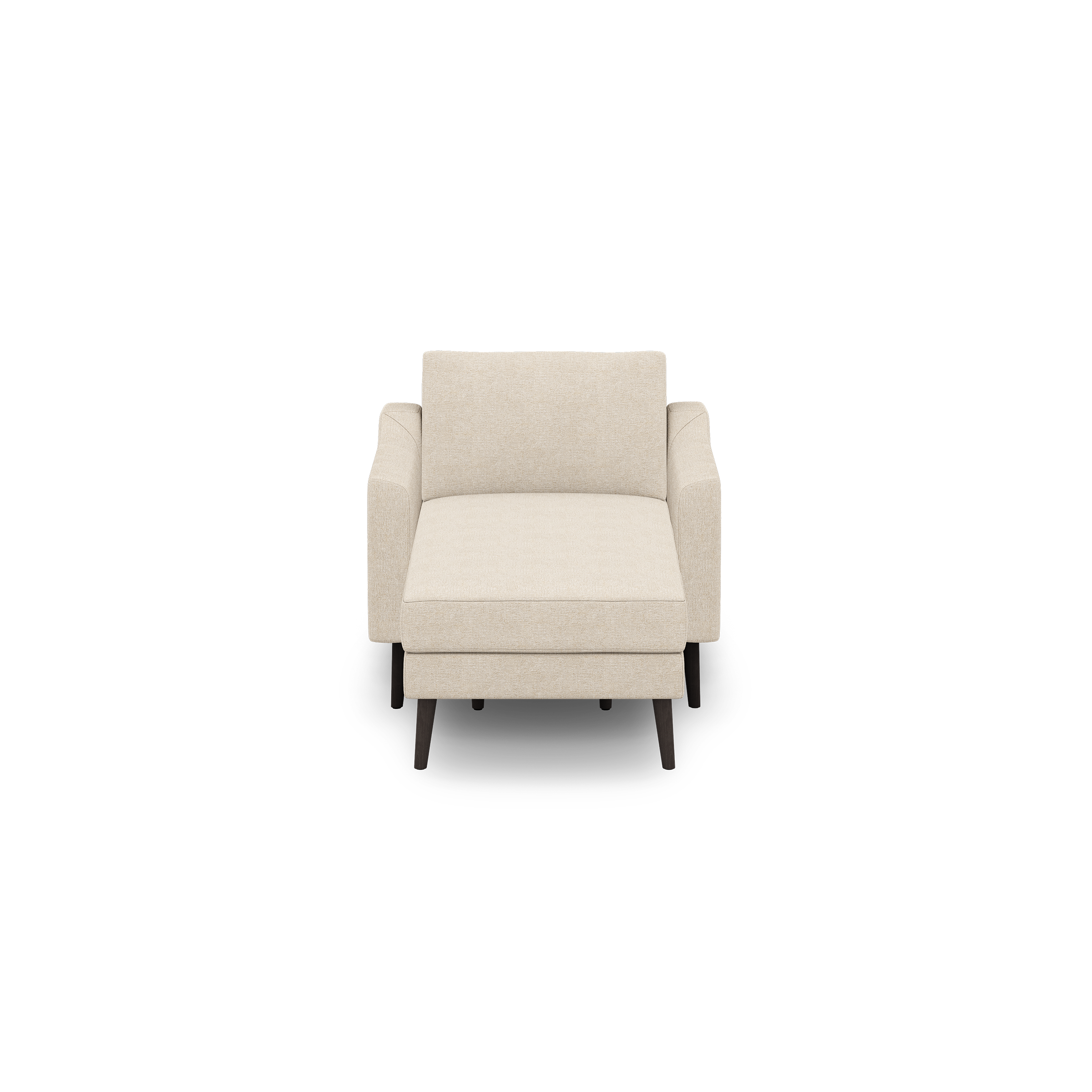 Front view of a modern beige armchair with wooden legs and upholstered cushioned seat and backrest on black background.