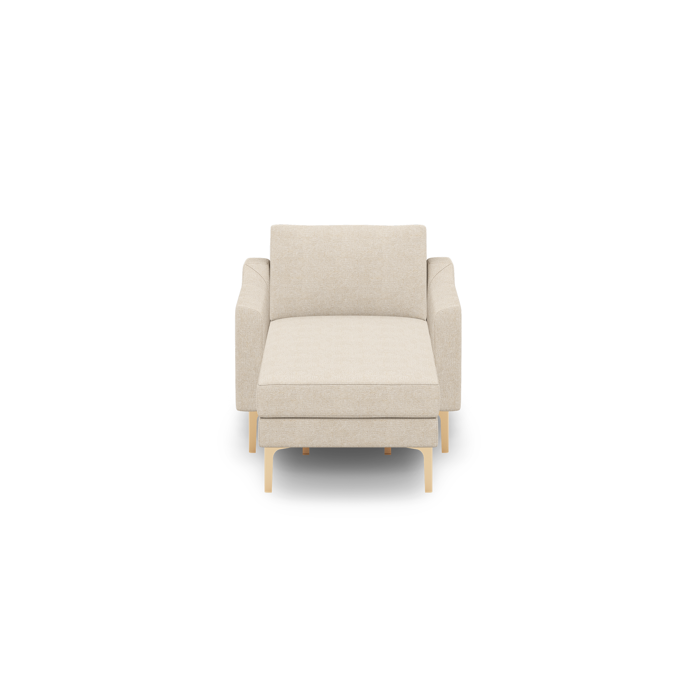 Beige upholstered armchair with wooden legs, featuring soft cushions and straight armrests, shown from the front on a black background.