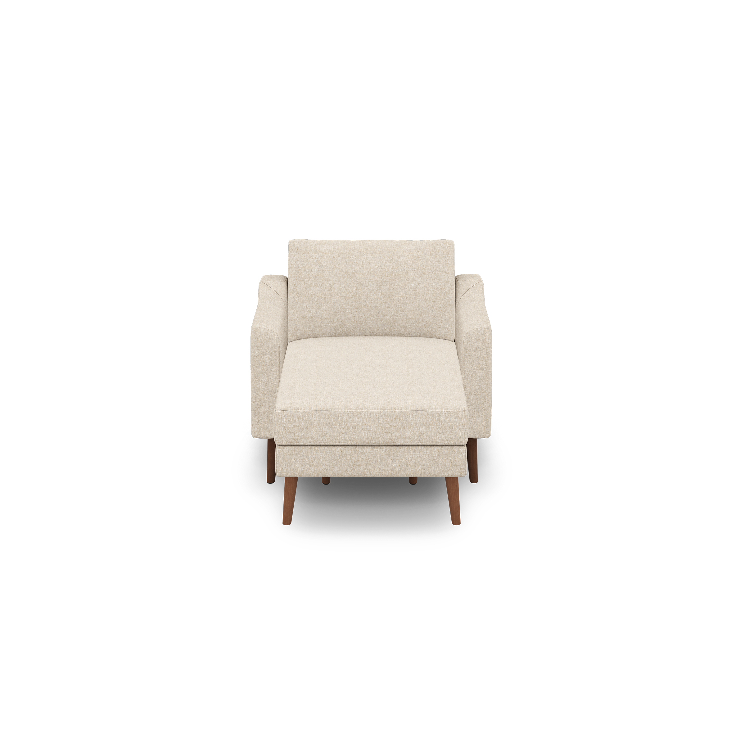 Beige upholstered armchair with straight armrests and wooden legs, shown from the front against a black background.