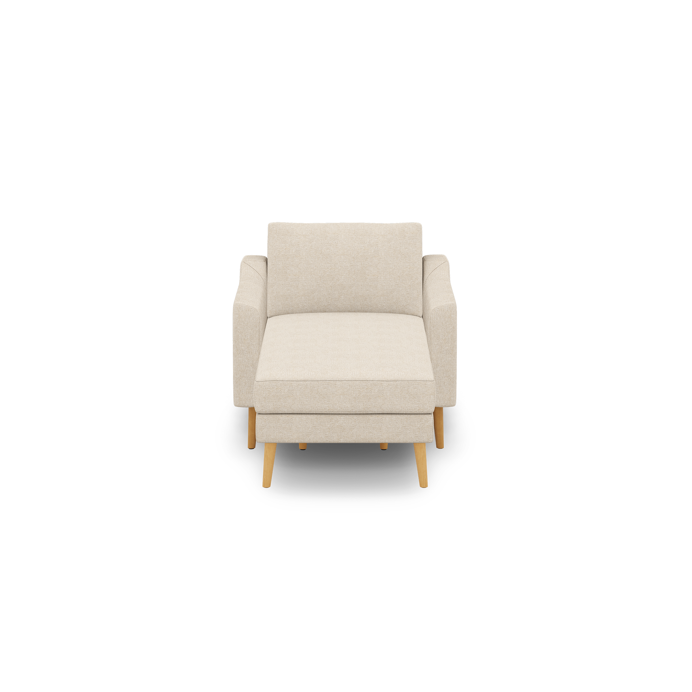 Beige fabric armchair with square backrest, wide seat cushion, comfortable armrests, and four wooden tapered legs.