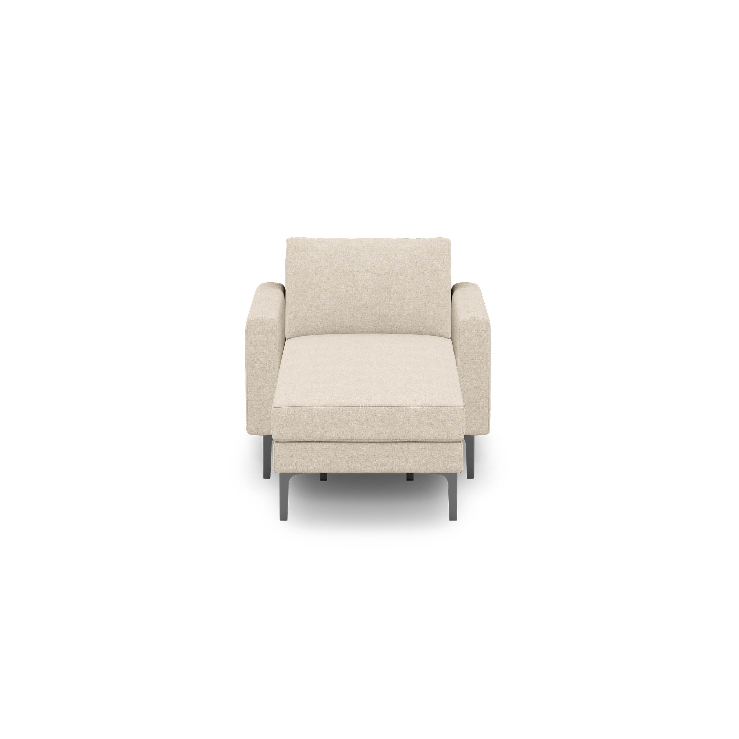 Beige modern armchair with thick cushions, armrests, and slim black metal legs, set against a plain black background.