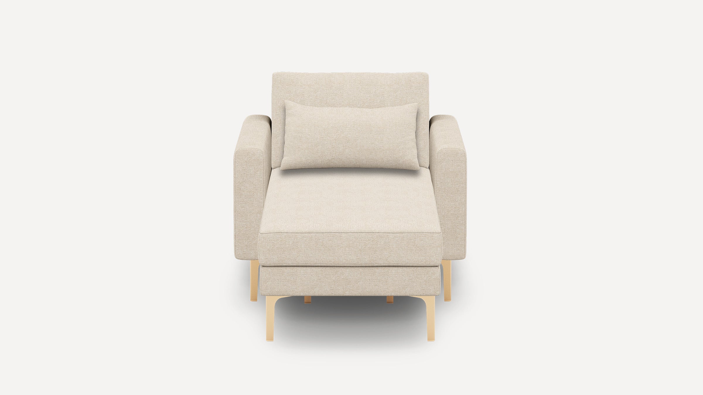 Front view of a beige upholstered armchair with a rectangular lumbar pillow and light wooden legs on a white background.