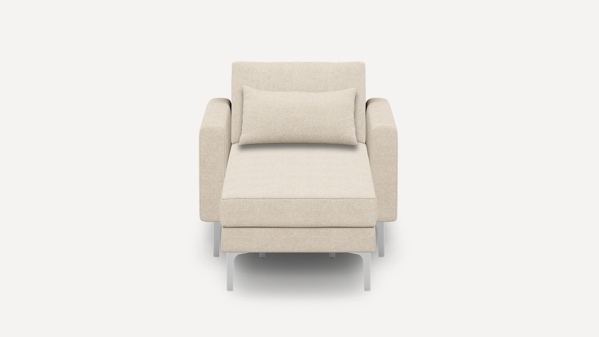 Front view of a modern beige upholstered armchair with a matching rectangular lumbar pillow and metal legs.