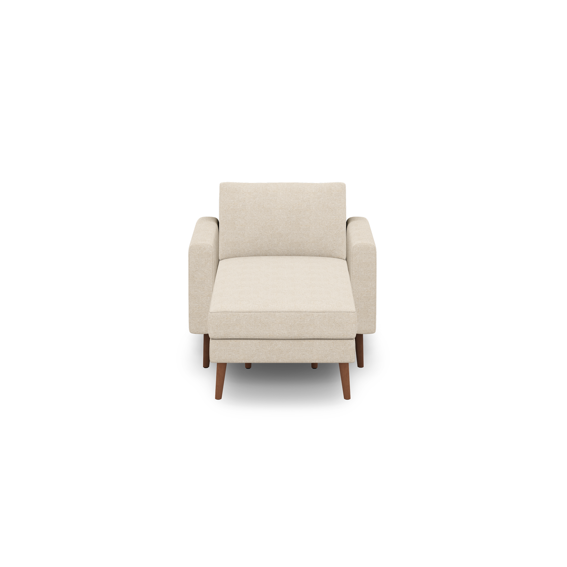 Beige upholstered armchair with wooden legs and cushioned backrest, front view on black background.
