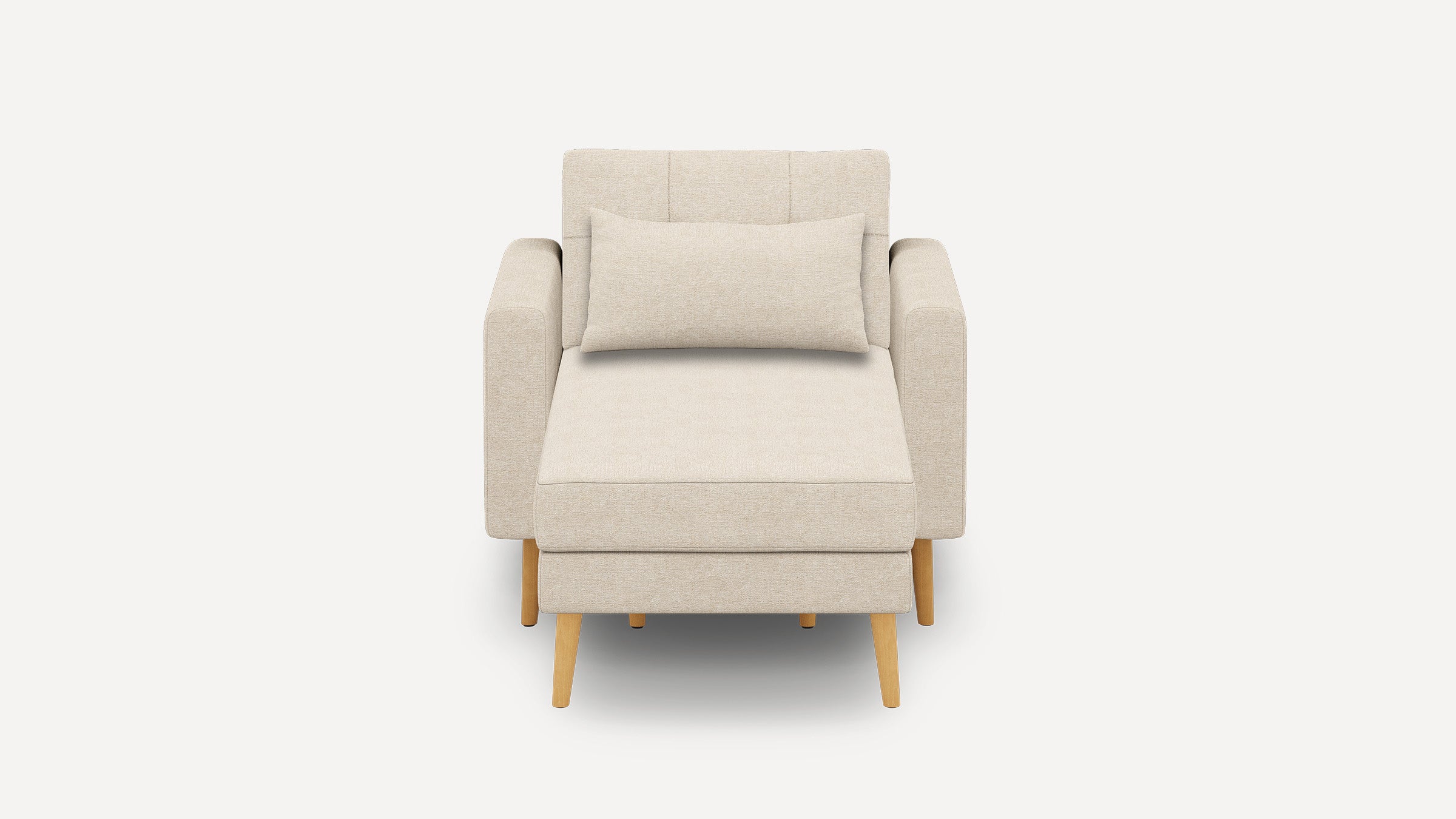 Beige upholstered armchair with wooden legs, featuring a rectangular lumbar pillow and clean, modern design.