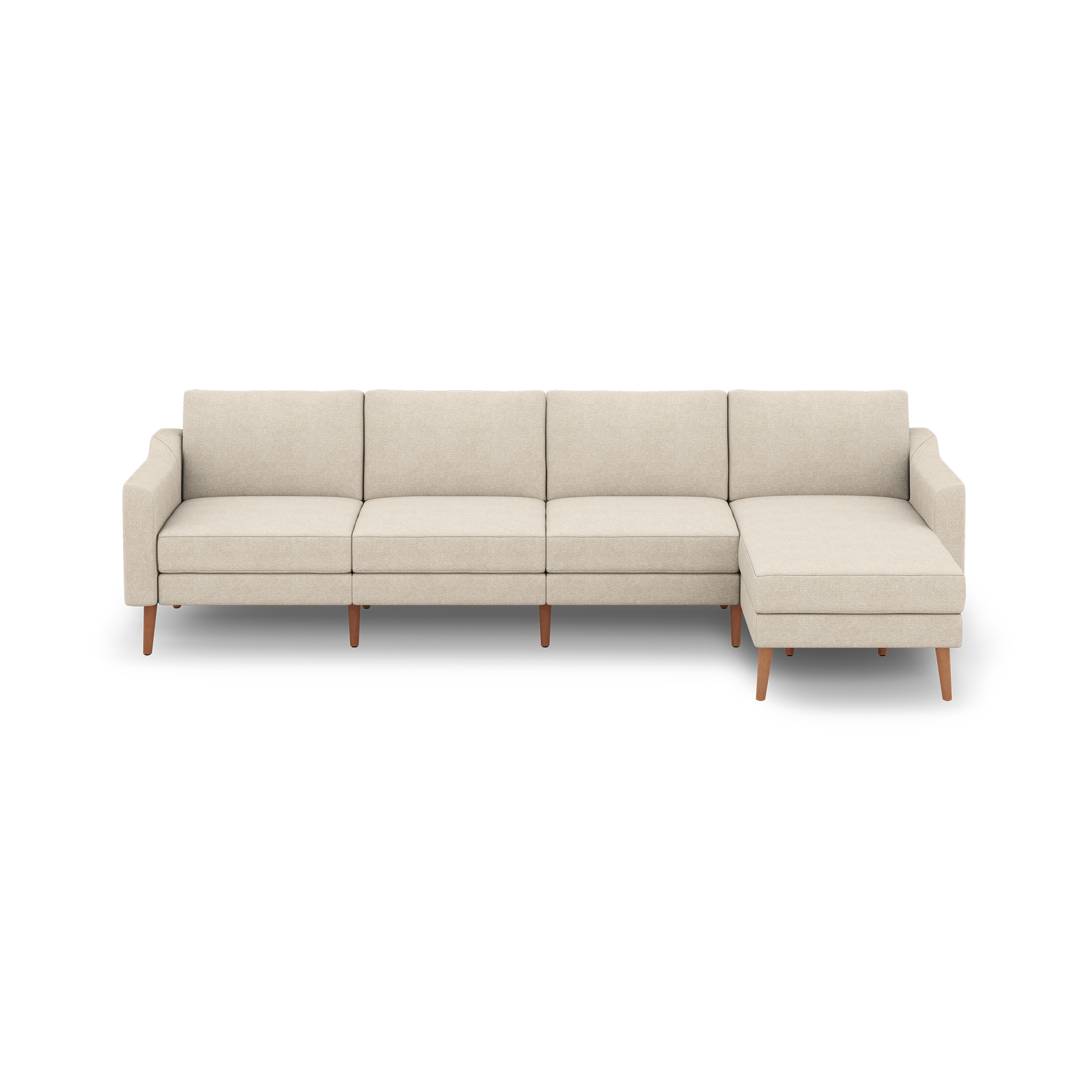 Beige fabric sectional sofa with four seats and chaise lounge, supported by wooden tapered legs, minimalist modern design.