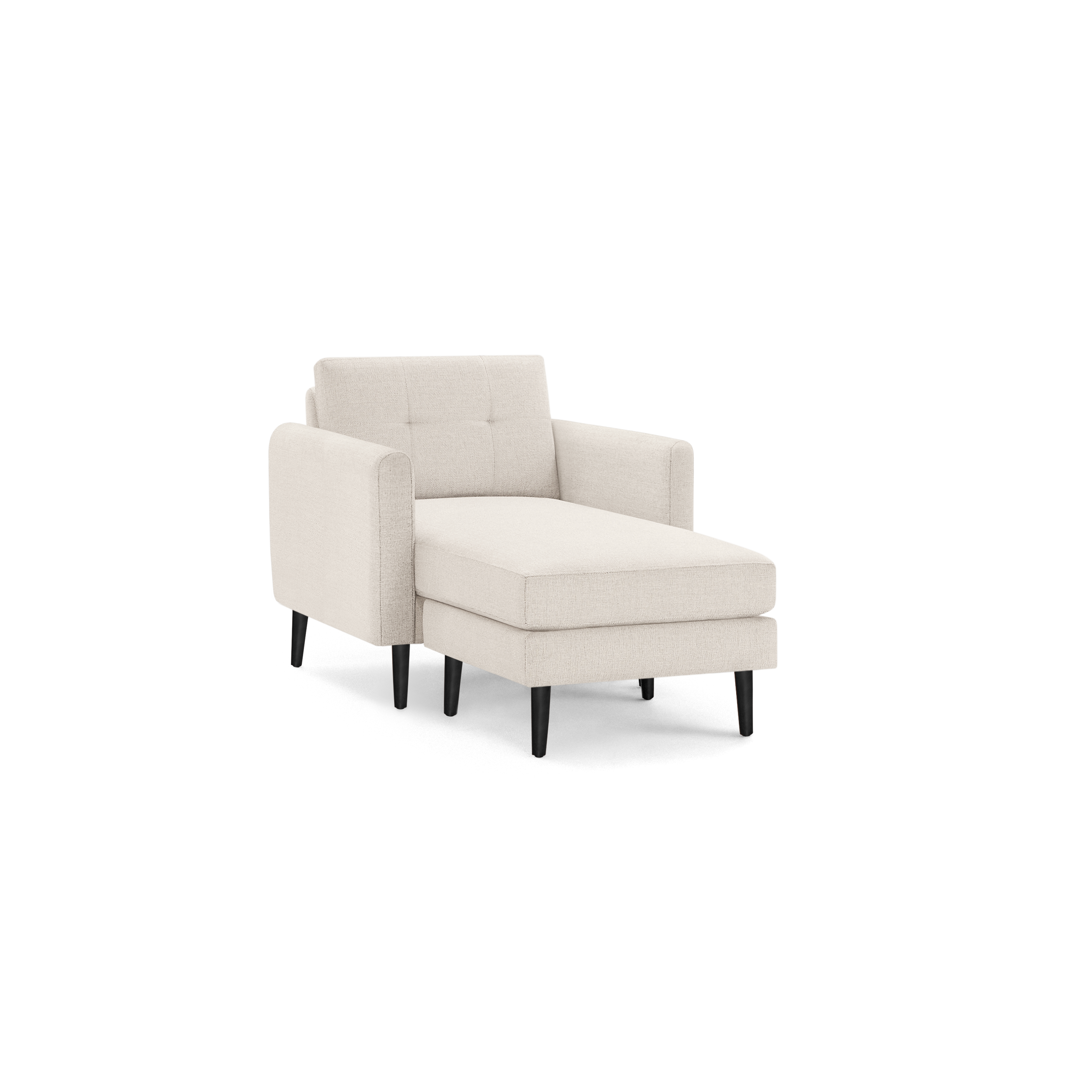 Modern beige chaise lounge chair with tufted backrest, square arms, and black tapered wooden legs, isolated on white background.
