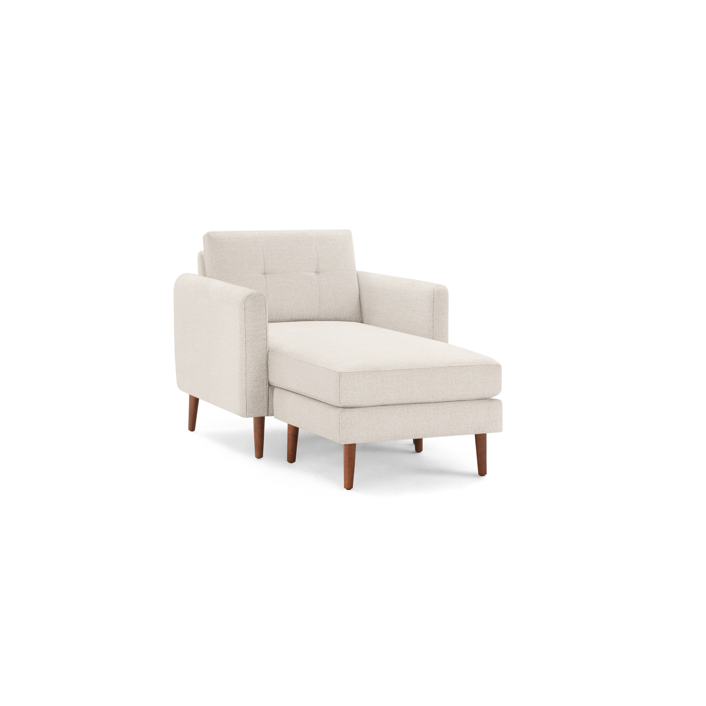 Beige upholstered chaise lounge with mid-century style wooden legs, cushioned seat, tufted backrest, and armrests on both sides.