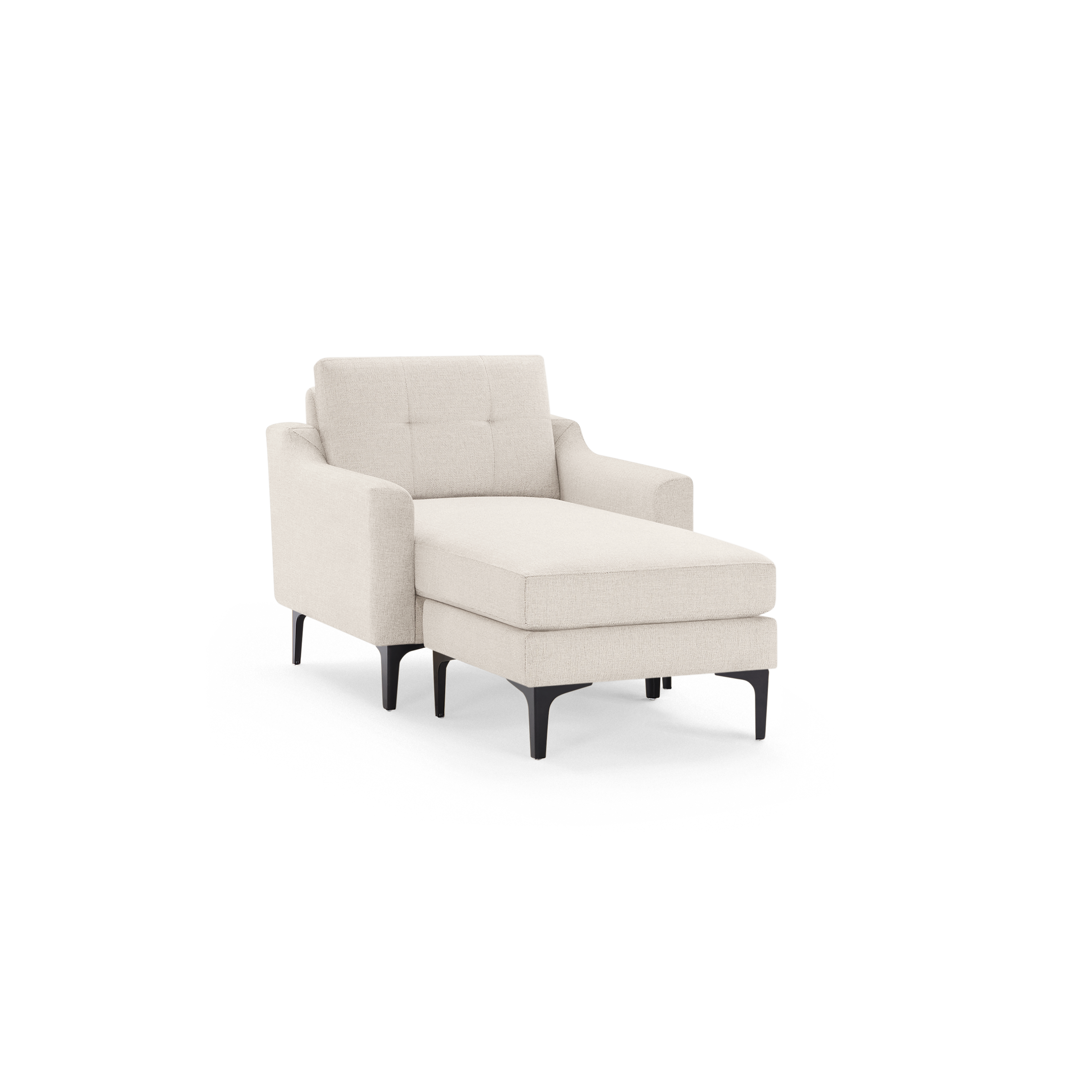 Beige upholstered chaise lounge chair with tufted backrest and black tapered legs on a black background.