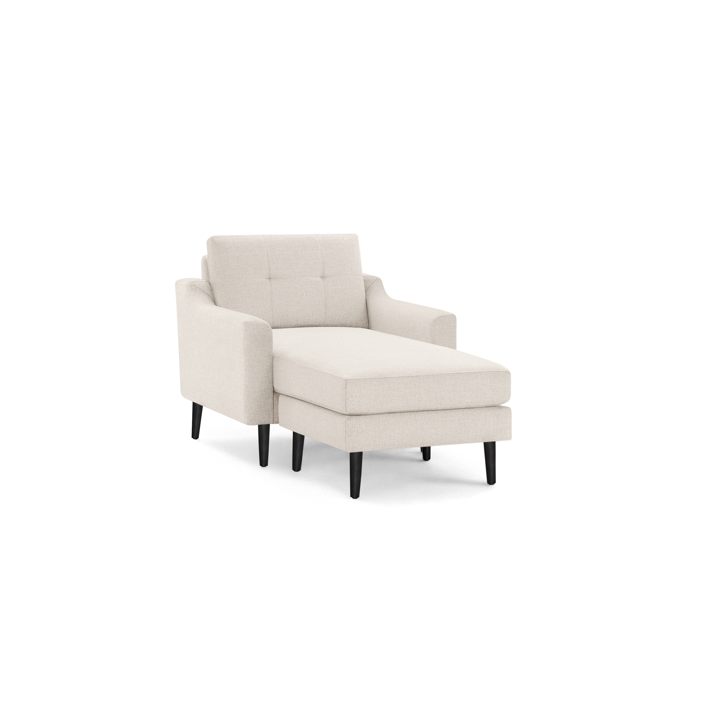 Beige upholstered chaise lounge chair with tufted backrest, padded armrests, and tapered dark wooden legs.