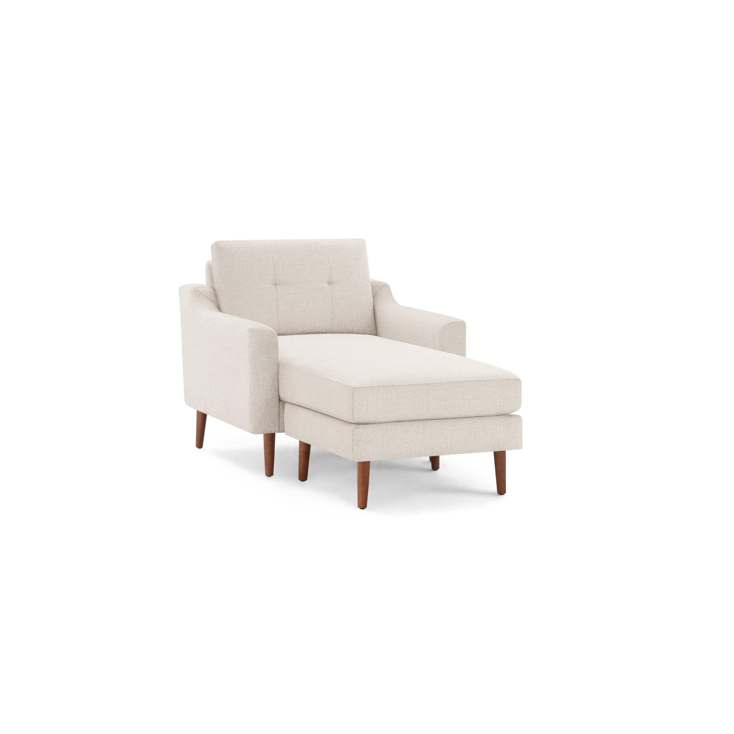 Beige upholstered chaise lounge with mid-century tufted backrest and brown wooden legs on black background.