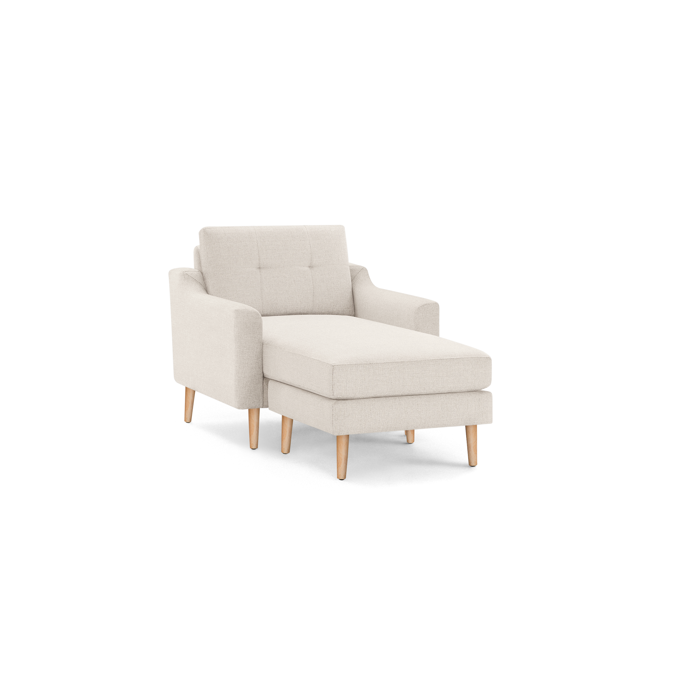 Beige upholstered chaise lounge chair with tufted backrest and light wooden legs on a black background.