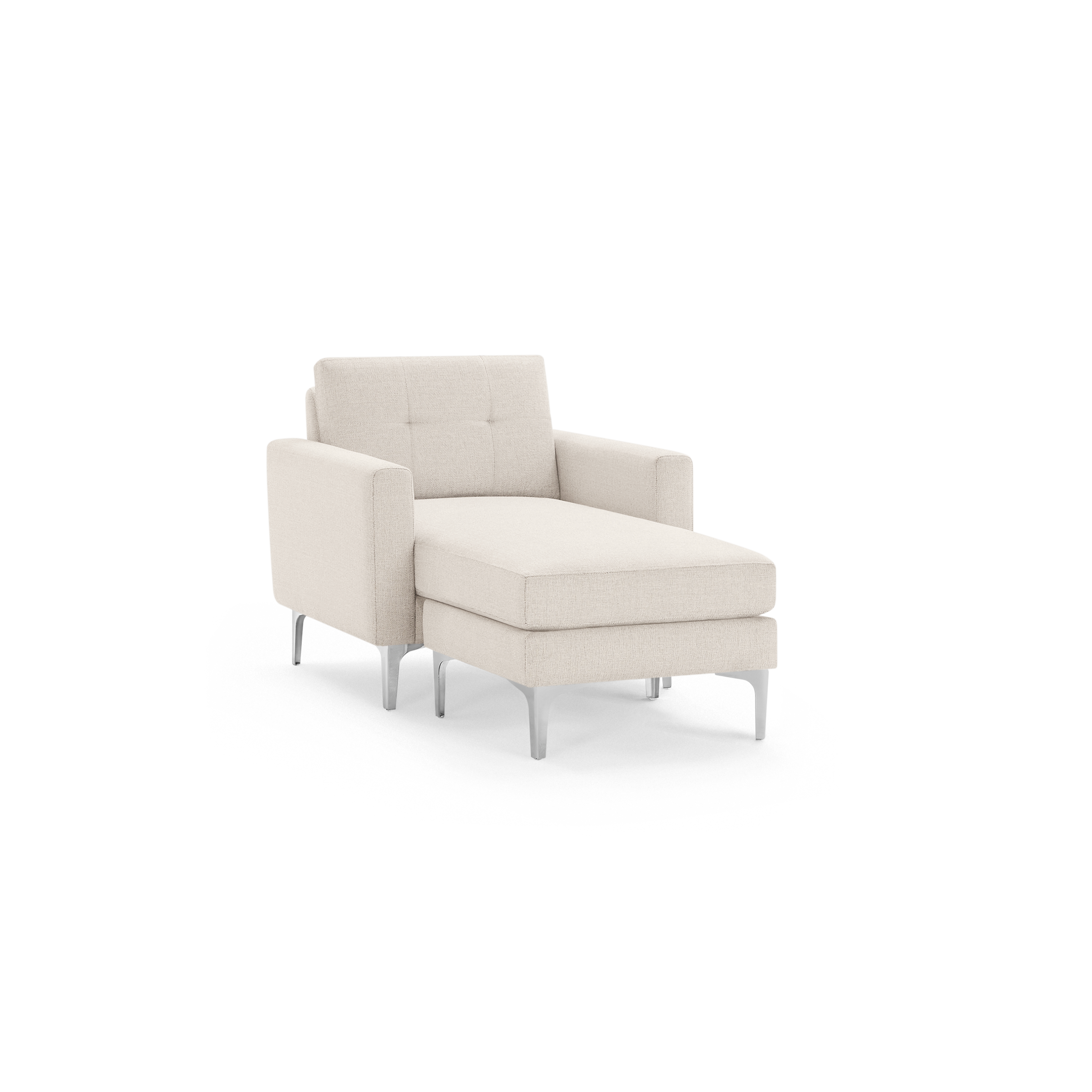 Modern beige chaise lounge with tufted backrest, cushioned seat, armrests, and sleek metal legs, designed for comfort and style.