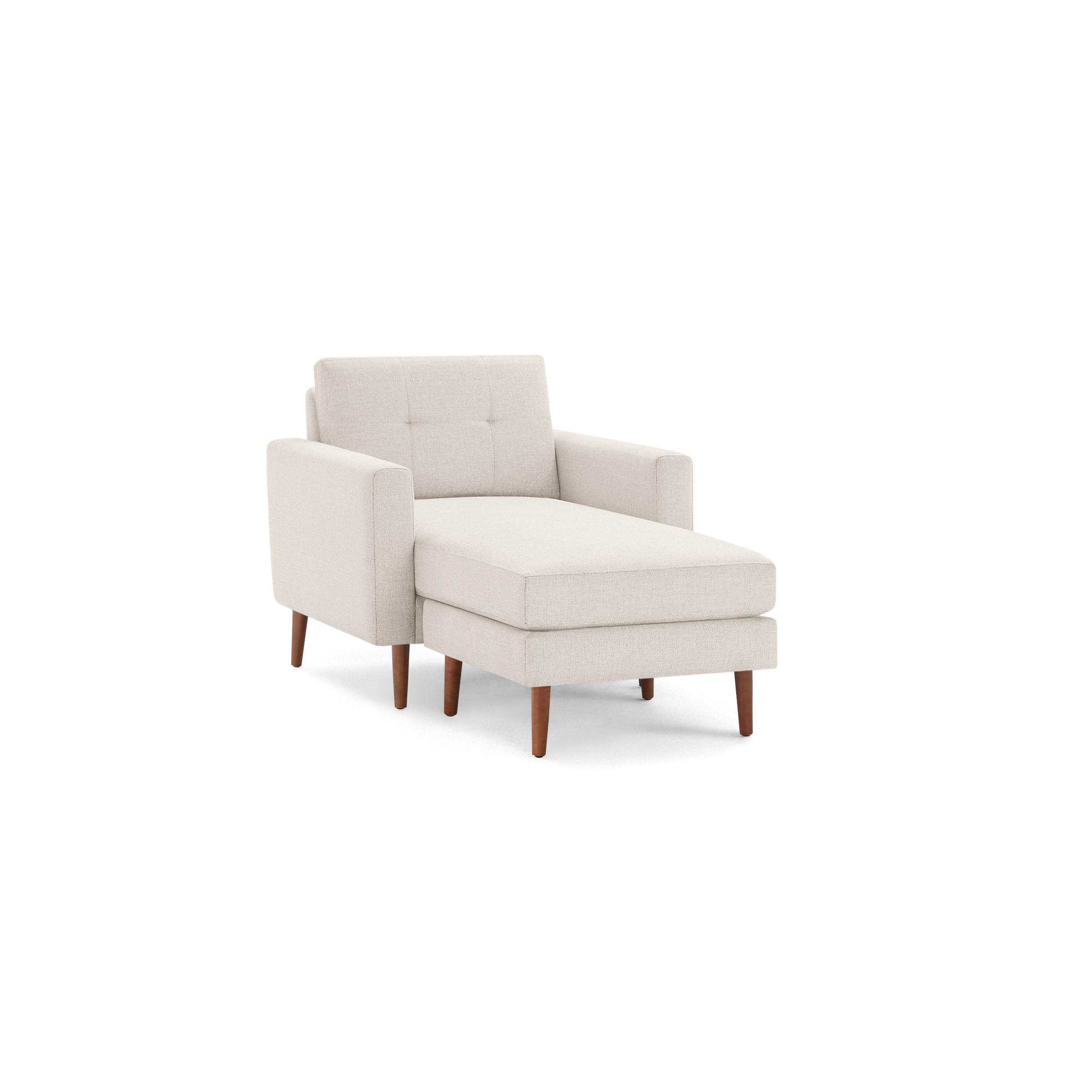 Beige fabric chaise lounge chair with square tufted backrest, cushioned seat, armrests, and wooden tapered legs.