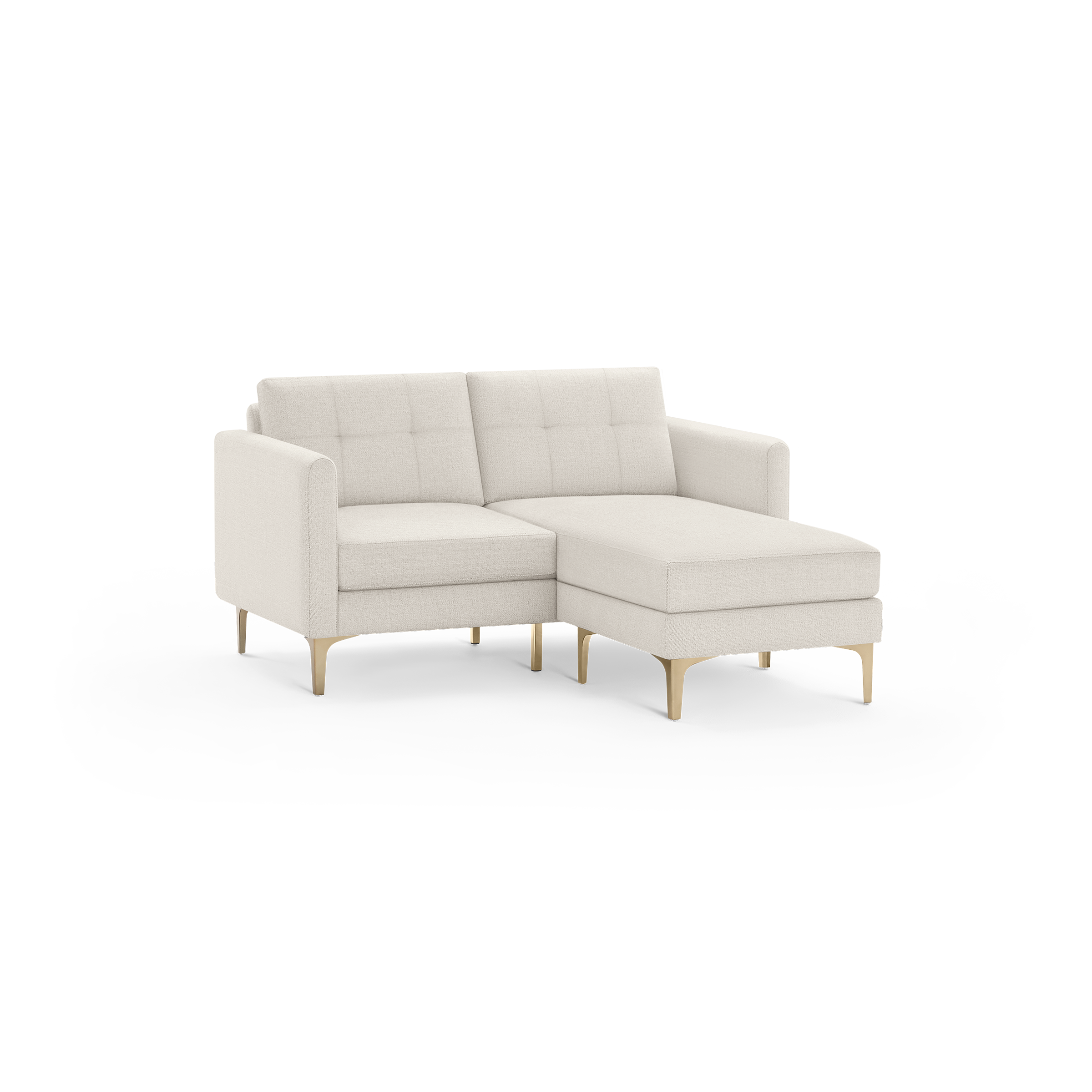 Modern beige sectional sofa with tufted back cushions and wooden legs, featuring a chaise lounge on the right side.
