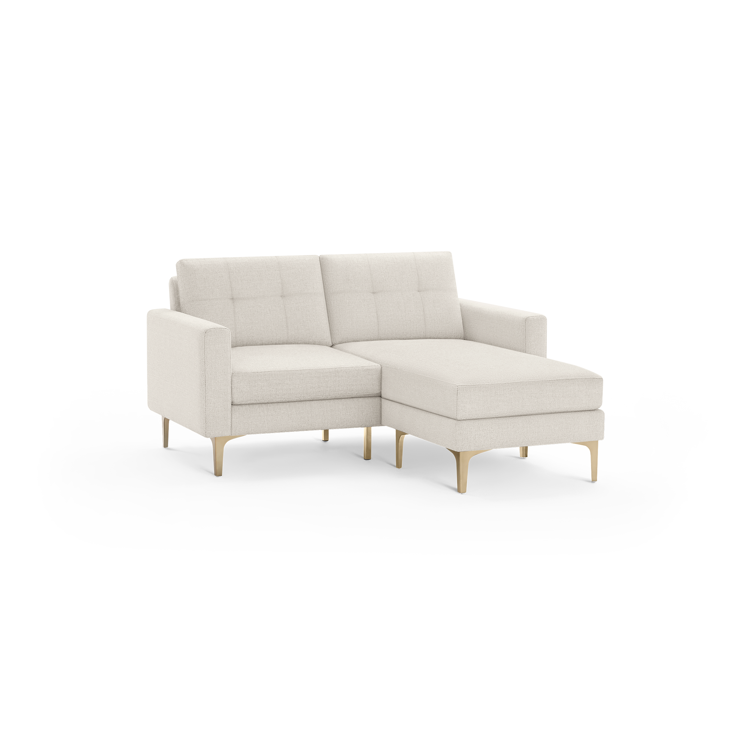 Beige upholstered sectional sofa with tufted backrest, cushioned seating, straight arms, and light wood legs.