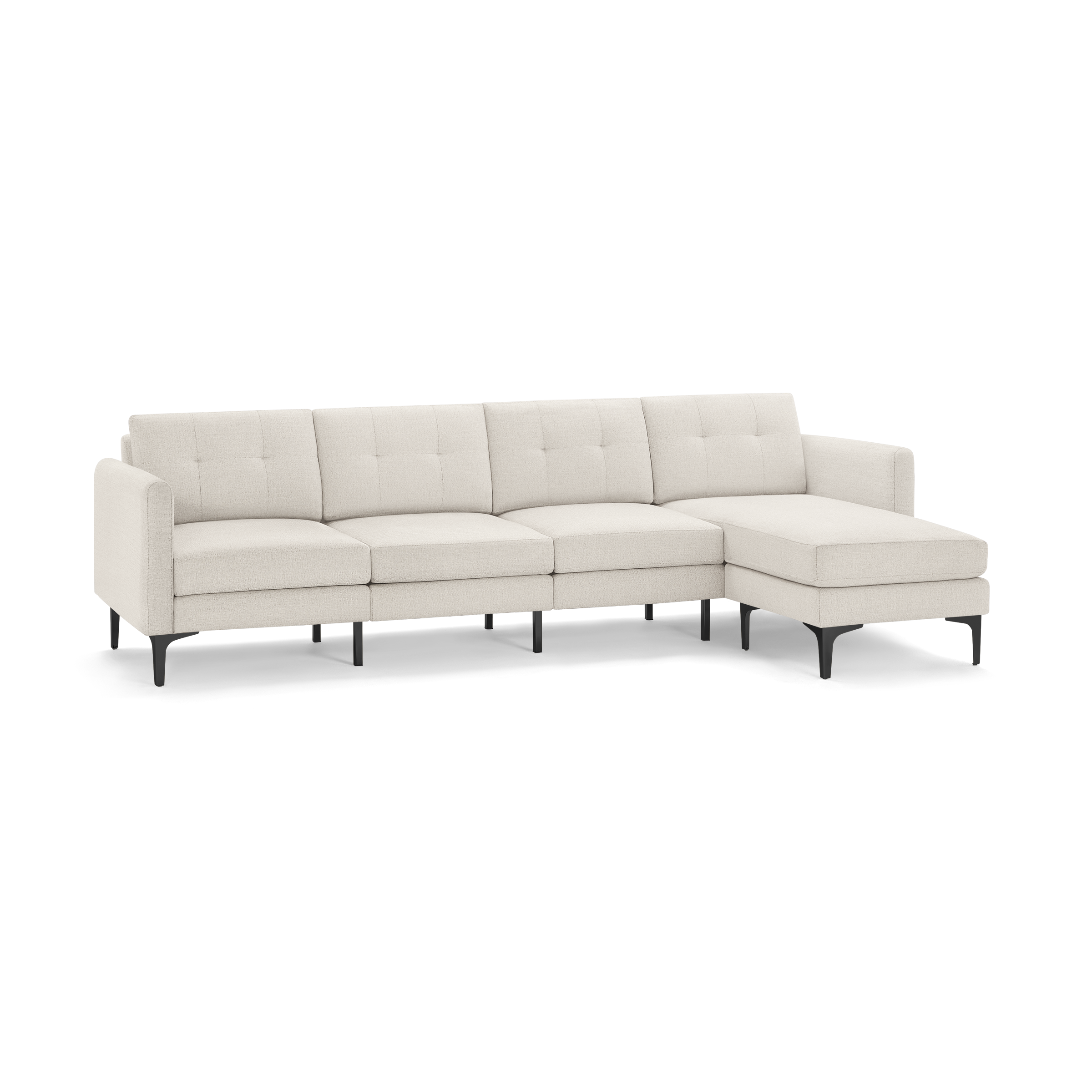 Beige fabric sectional sofa with tufted back cushions, clean lines, and black angled legs, featuring a right-side chaise lounge.