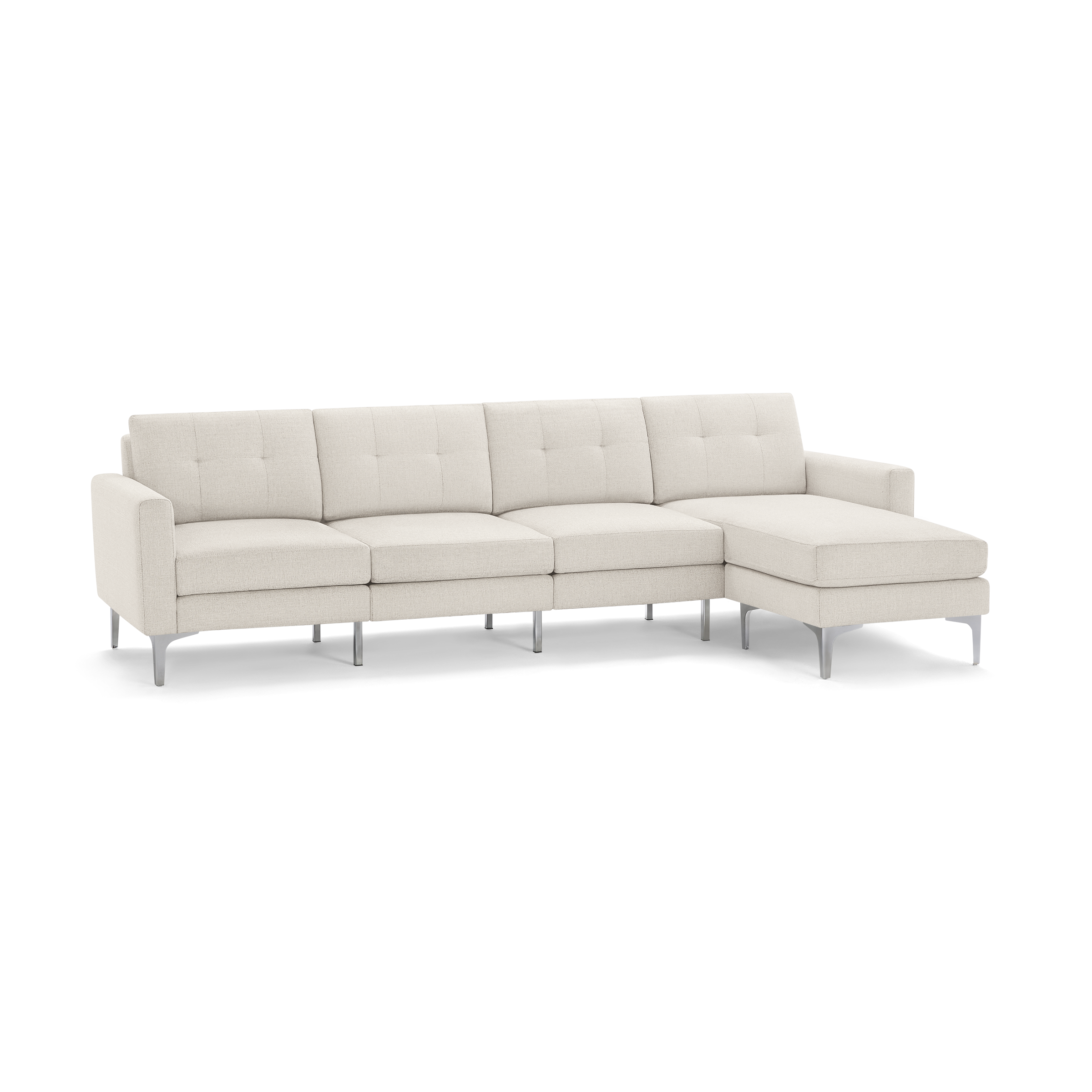 Modern beige fabric sectional sofa with tufted back cushions, right chaise lounge, and sleek metal legs.