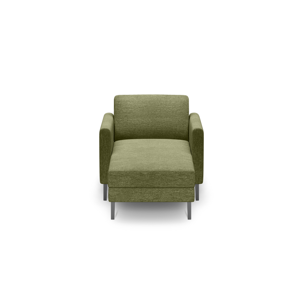 Front view of a modern olive green upholstered armchair with straight armrests and metal legs against black background.