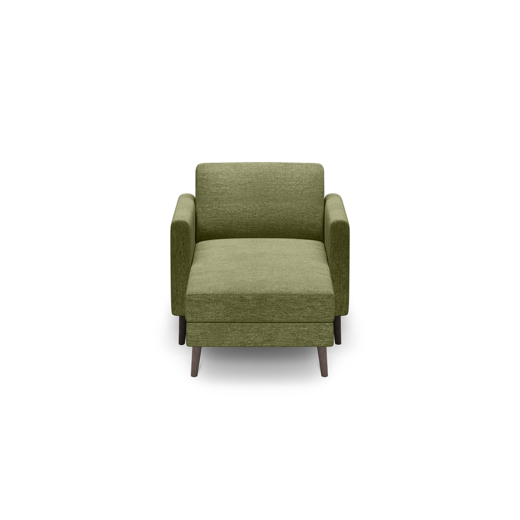 Front view of a modern olive green upholstered armchair with straight armrests and wooden legs on black background.