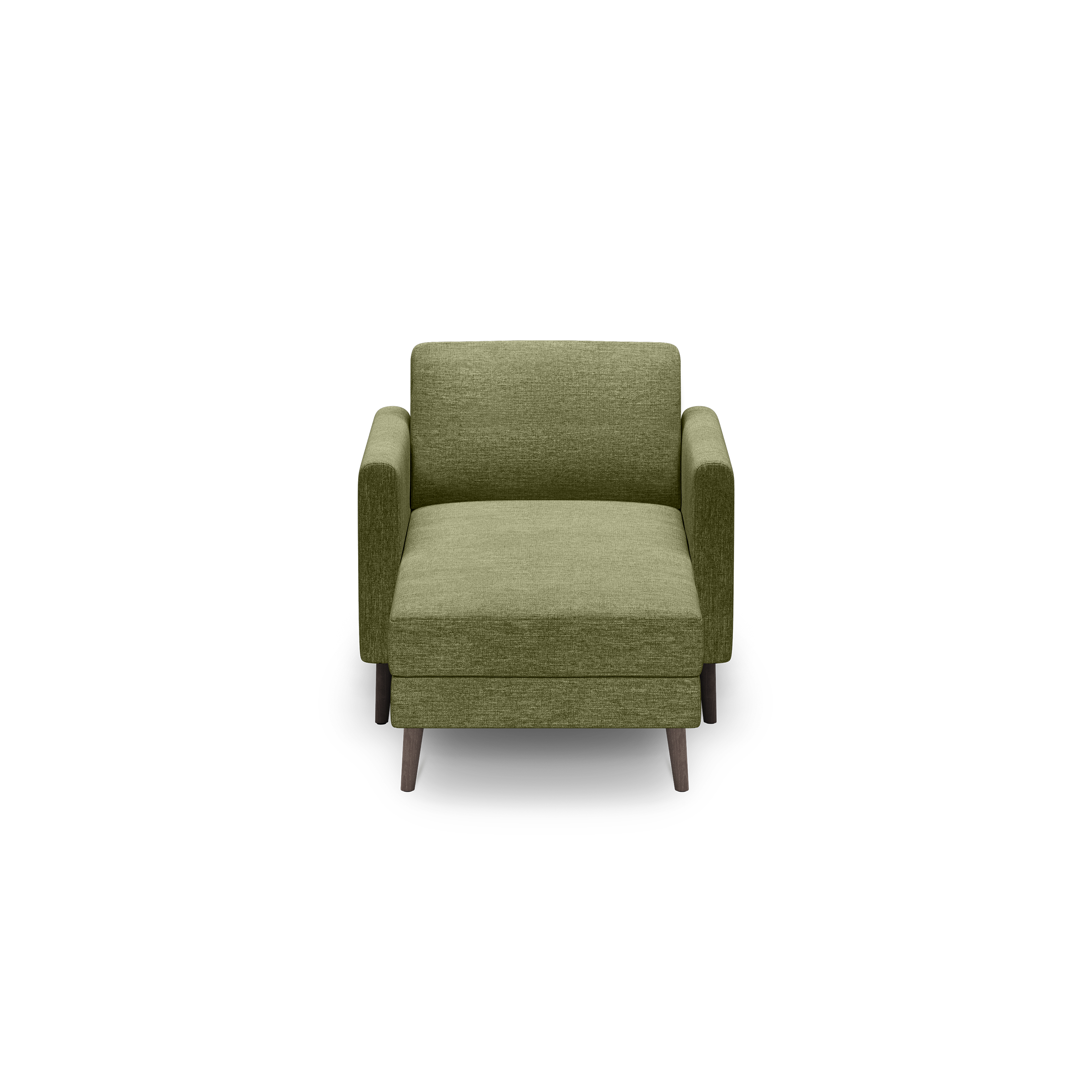 Front view of a modern olive green upholstered armchair with straight armrests and wooden legs on black background.
