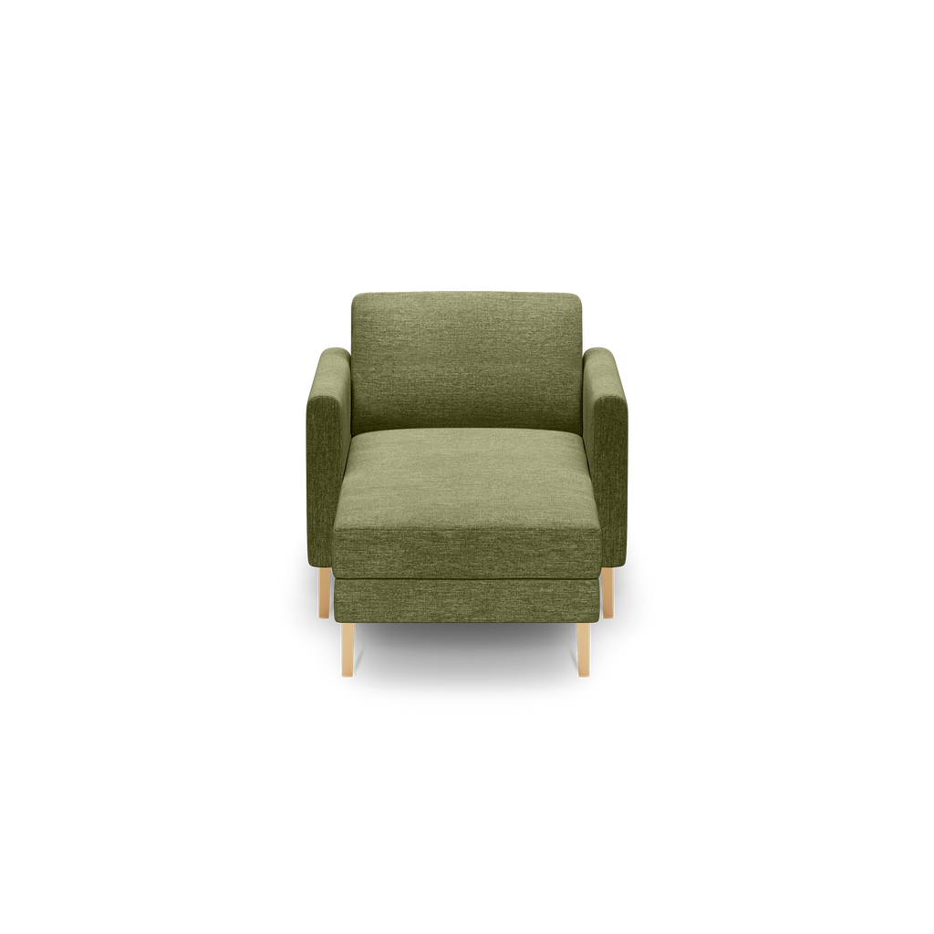 Front view of a modern olive-green fabric armchair with square armrests and light wooden legs against a black background.