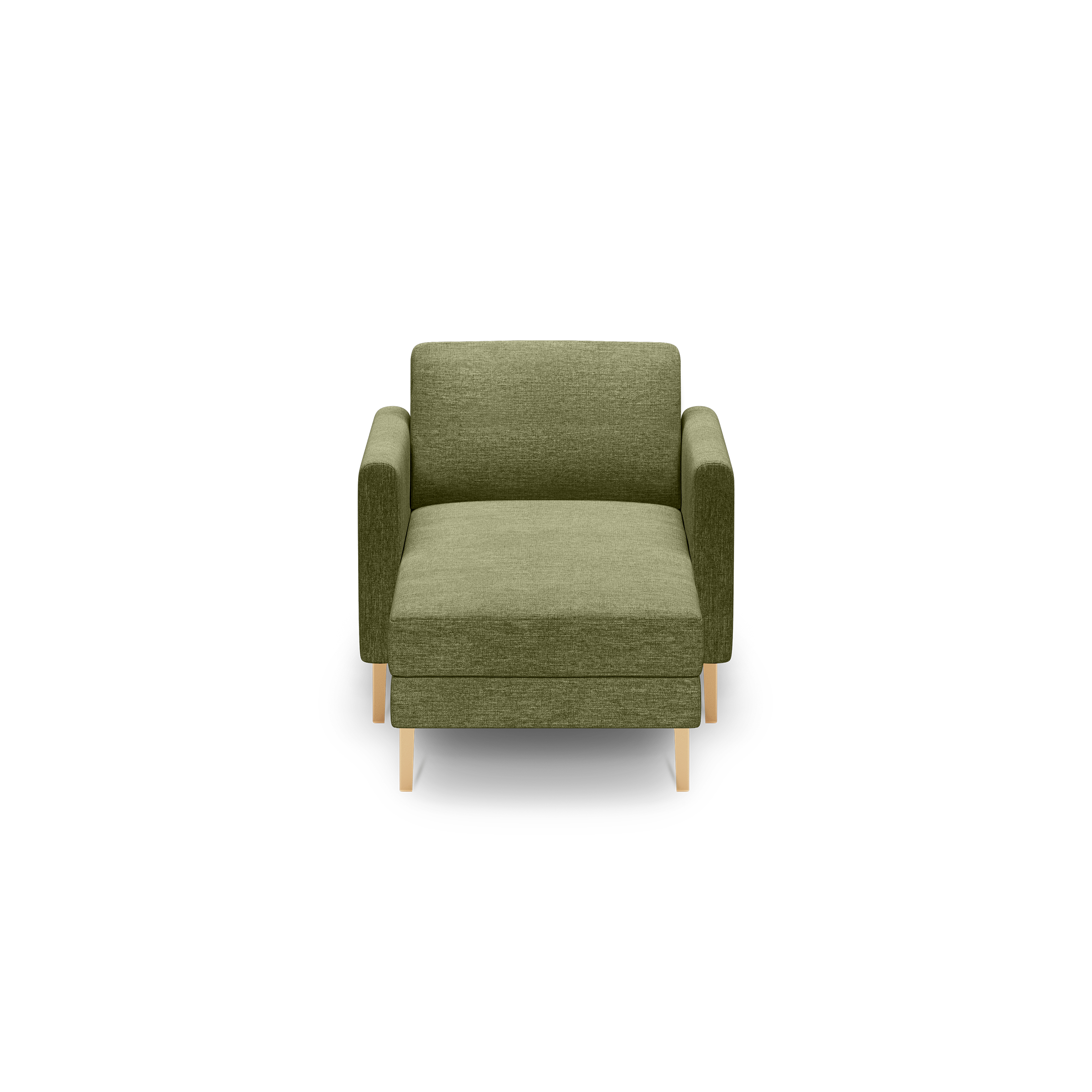 Front view of a modern olive-green fabric armchair with square armrests and light wooden legs against a black background.