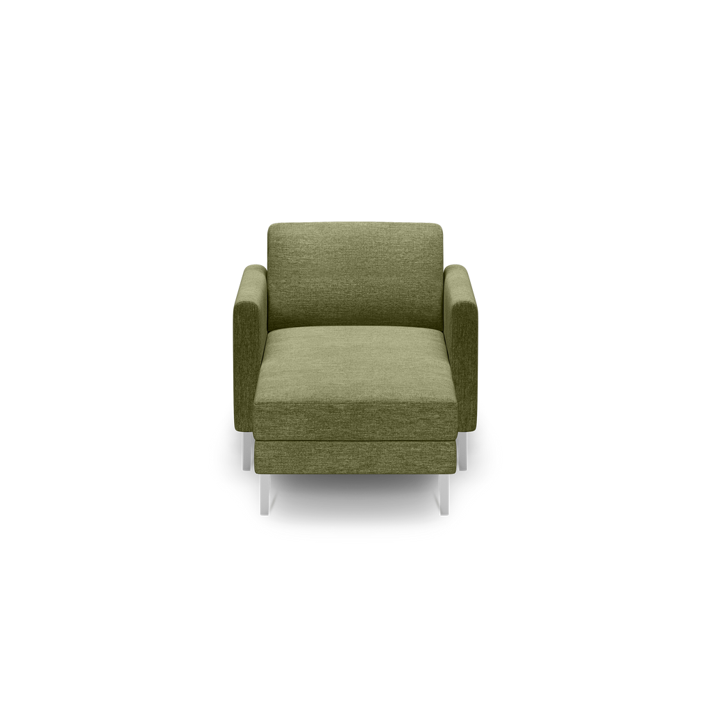 Front view of a modern olive green upholstered armchair with straight arms and white metal legs on black background.