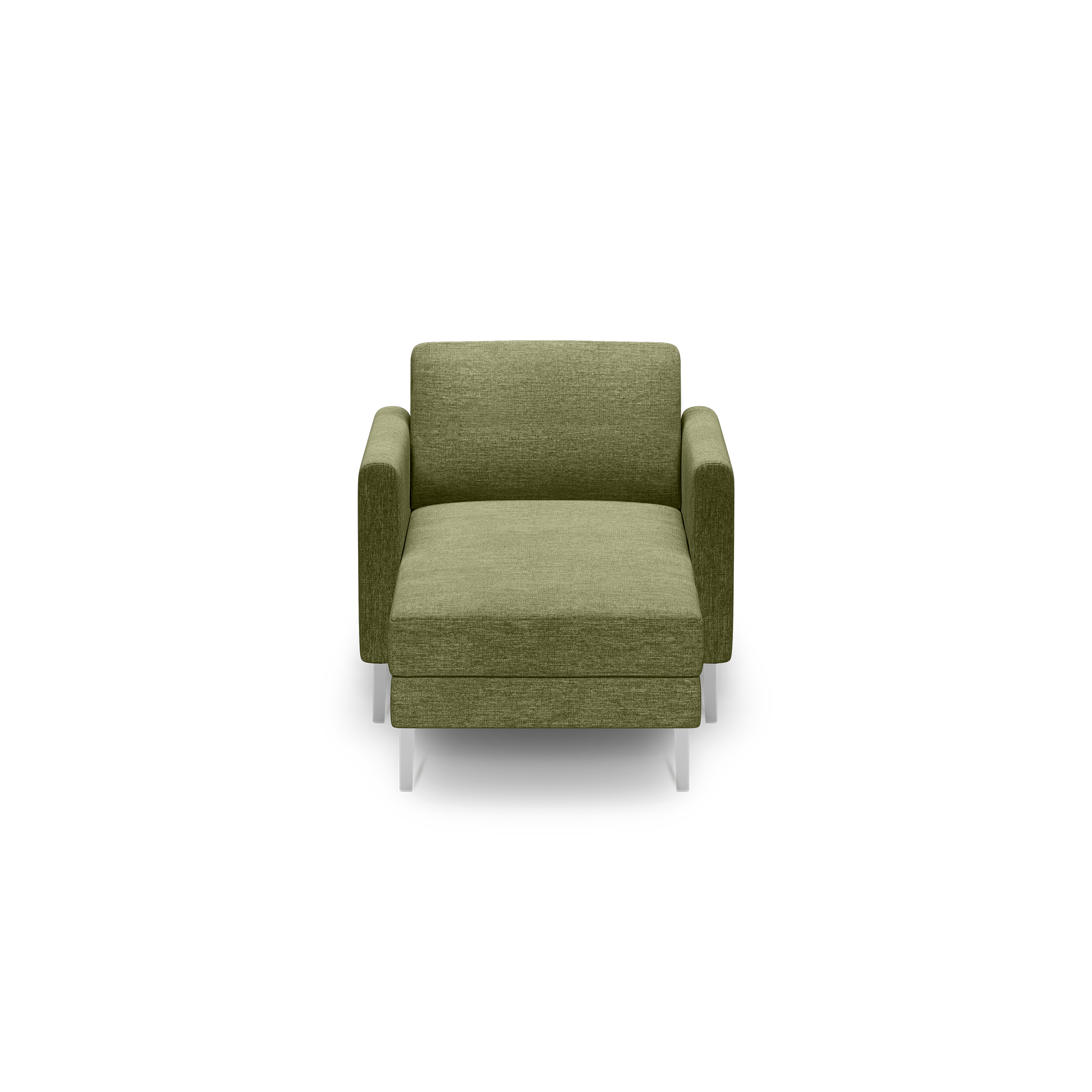 Front view of a modern olive green upholstered armchair with straight arms and white metal legs on black background.
