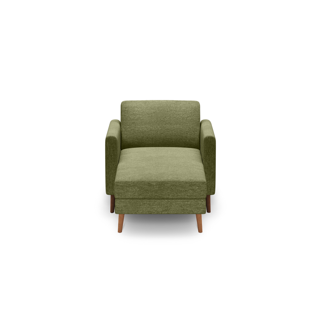 Front view of a modern olive green armchair with wooden tapered legs and clean, minimalist design on black background.