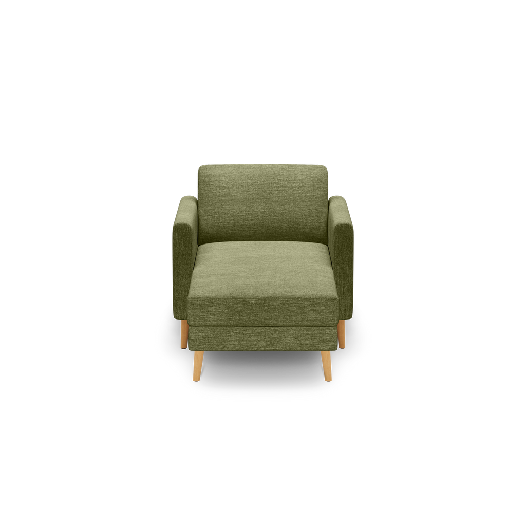 Modern olive green armchair with clean lines, fabric upholstery, padded seat and back, and light wooden tapered legs.