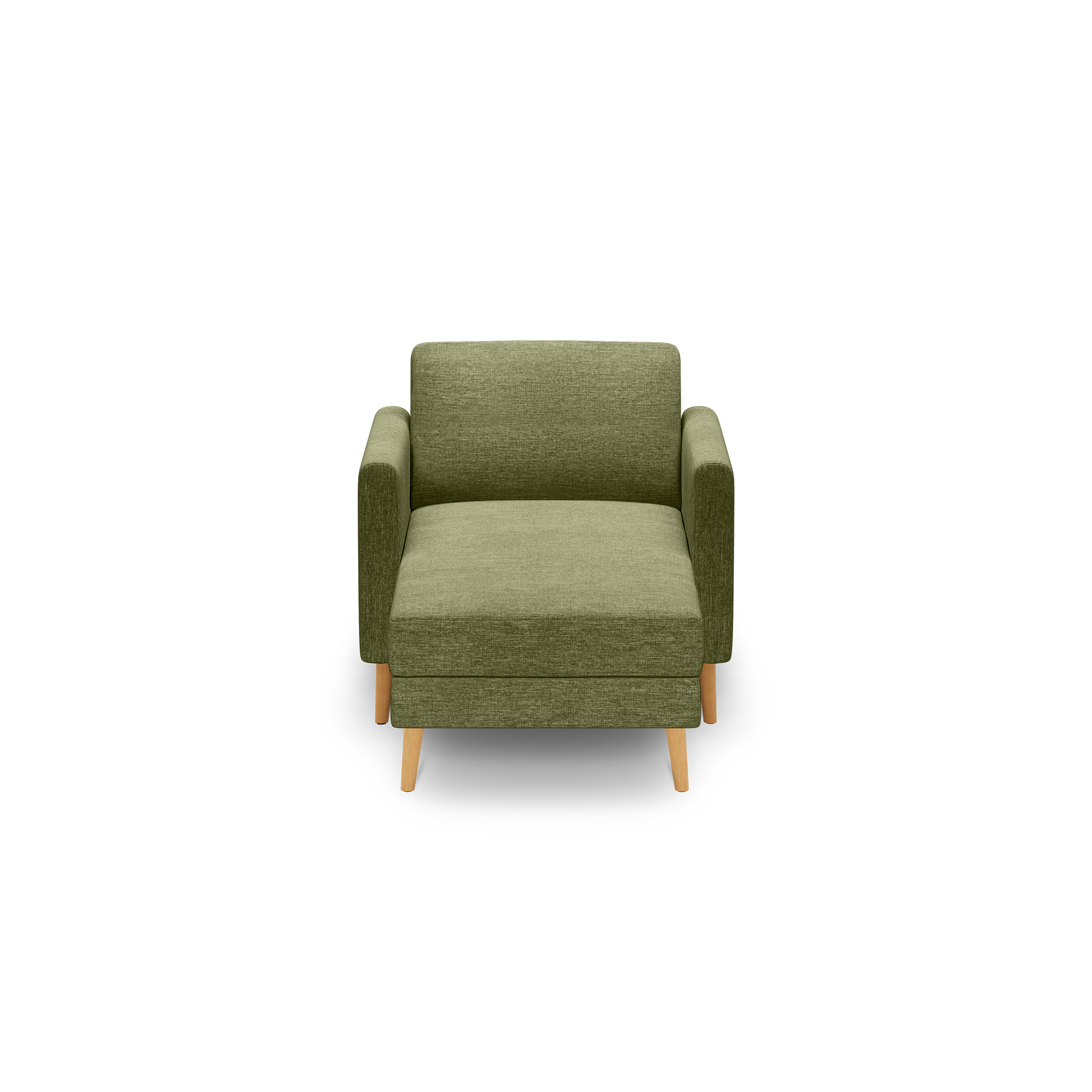 Modern olive green armchair with clean lines, fabric upholstery, padded seat and back, and light wooden tapered legs.