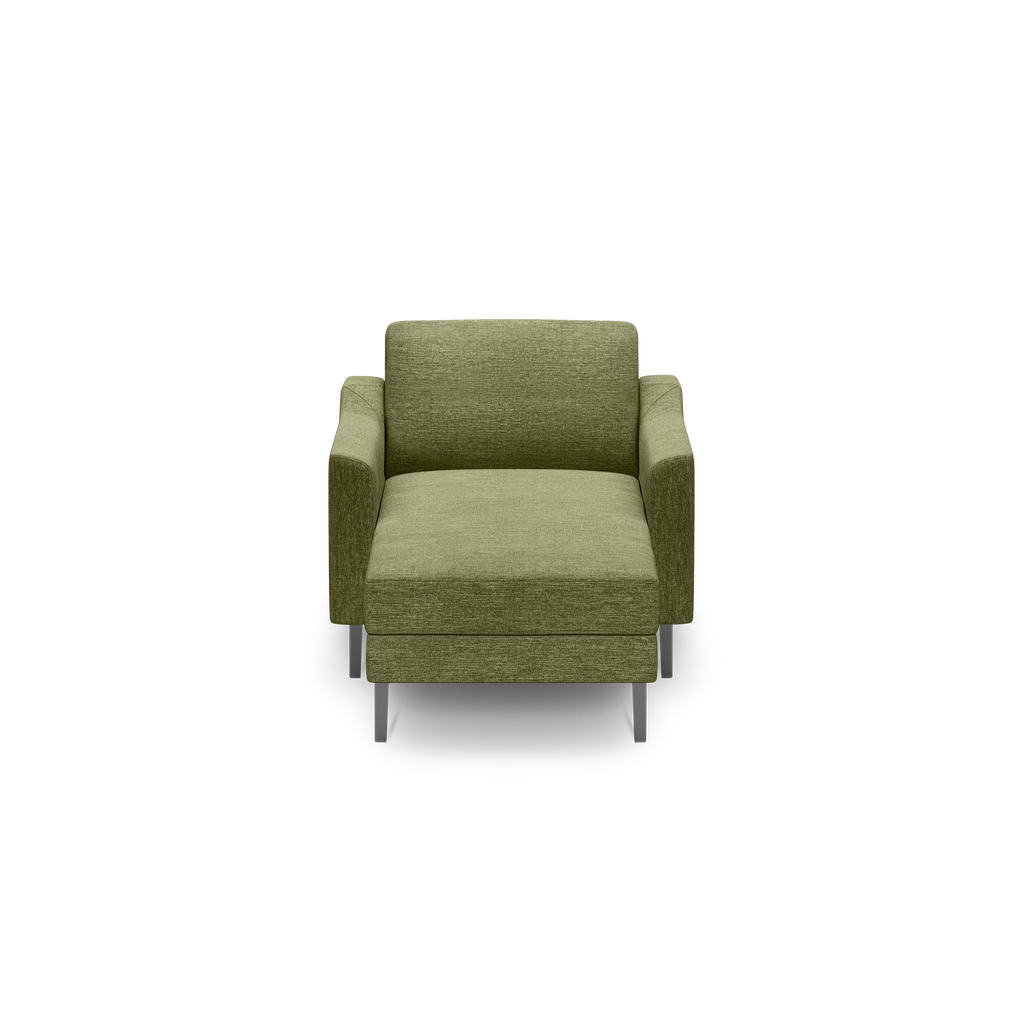 Front view of a modern olive green upholstered armchair with straight arms and metal legs on a black background.