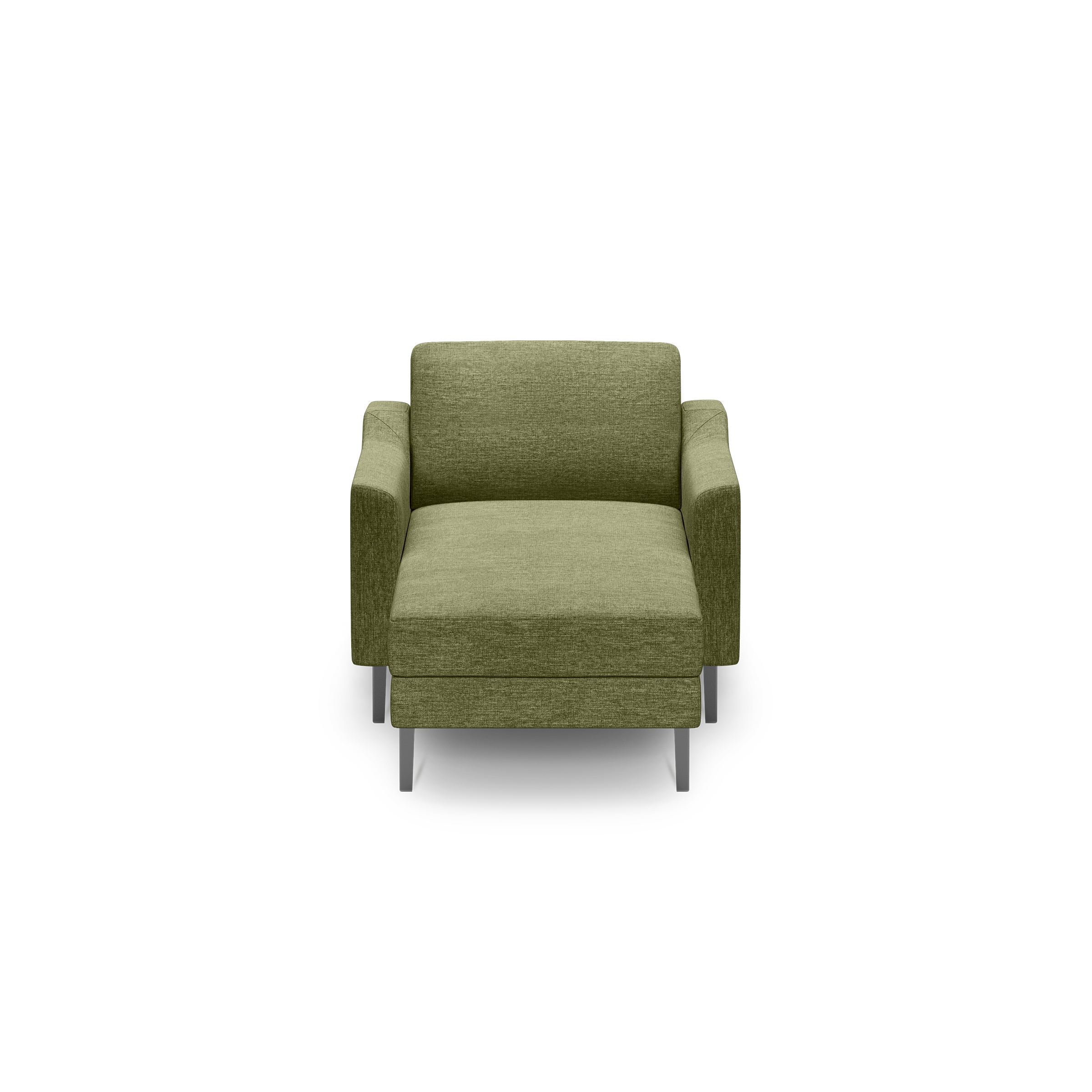Front view of a modern olive green upholstered armchair with straight arms and metal legs on a black background.