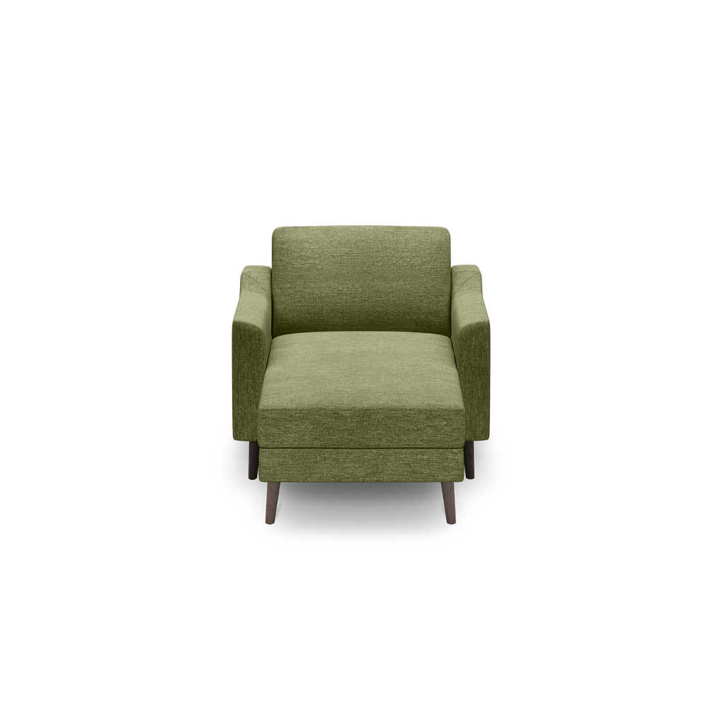 Front view of a modern olive green armchair with clean lines and wooden legs on a black background.