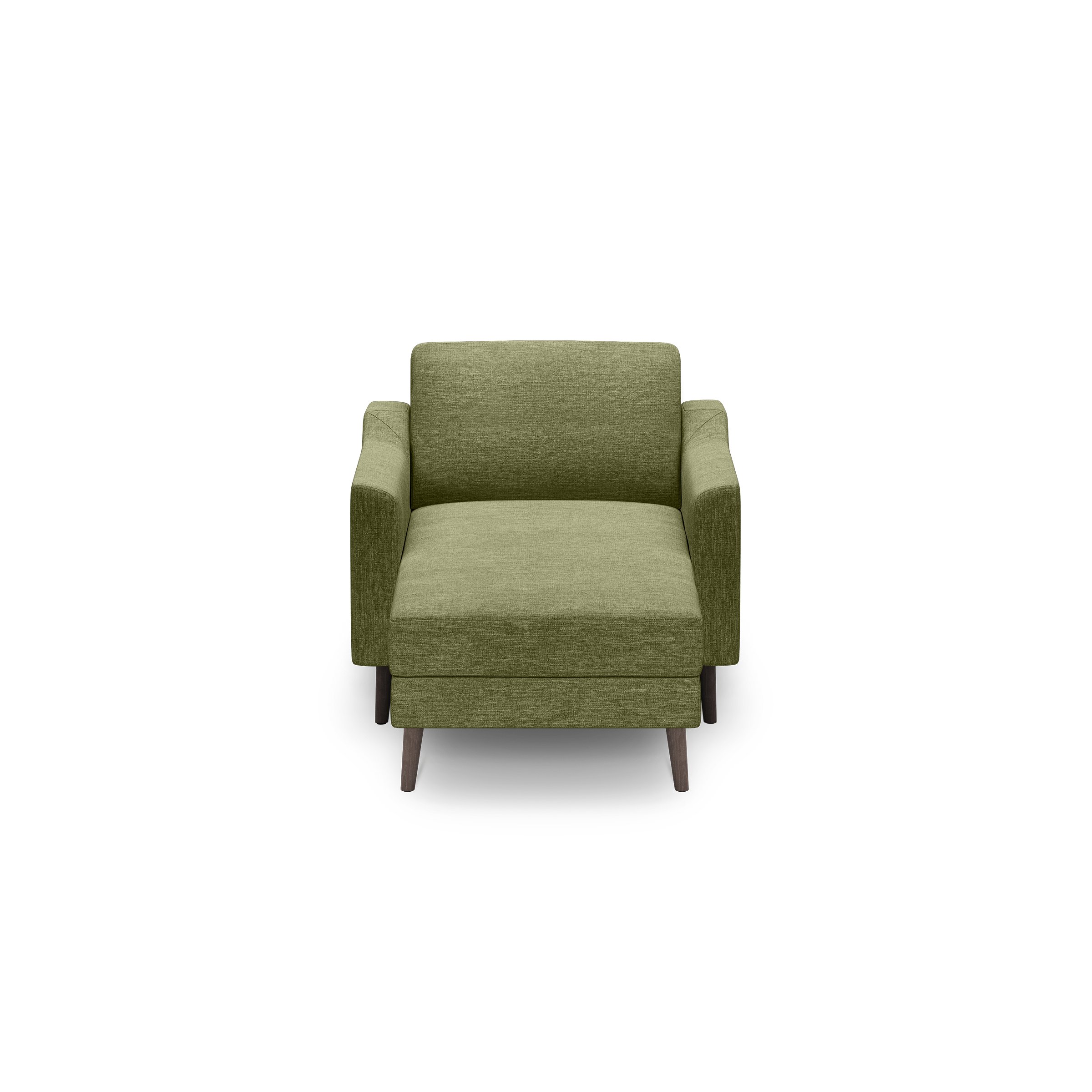 Front view of a modern olive green armchair with clean lines and wooden legs on a black background.