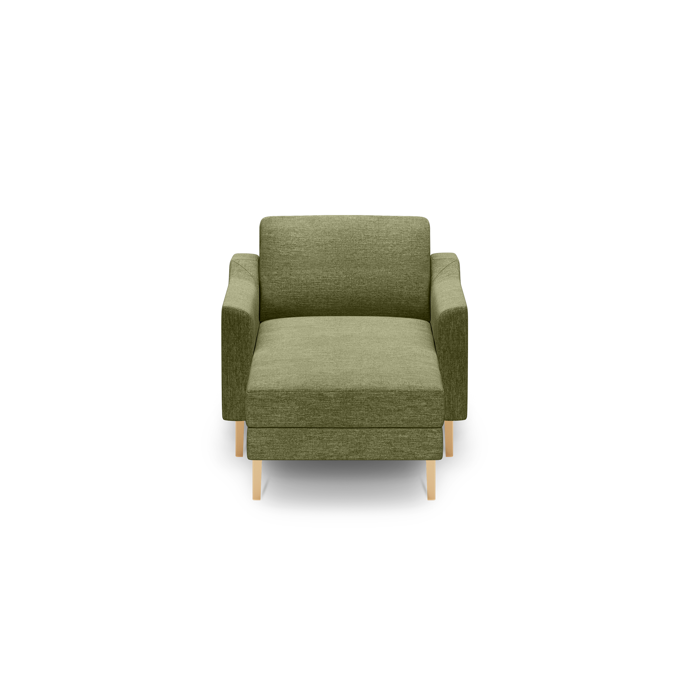 Olive green upholstered armchair with wooden legs, featuring a thick cushioned seat and backrest, shown on a black background.