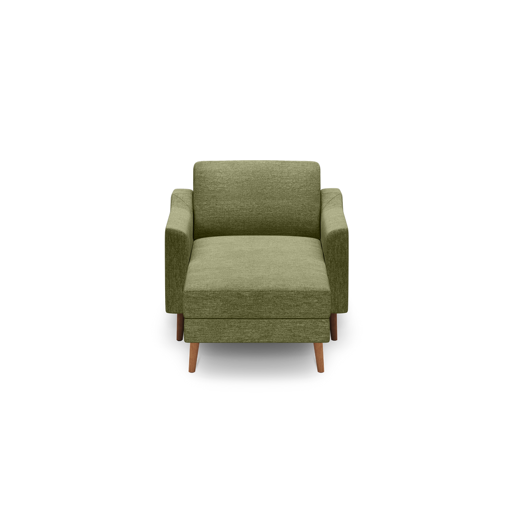 Front view of a modern olive green upholstered armchair with wooden legs and simple, clean lines.