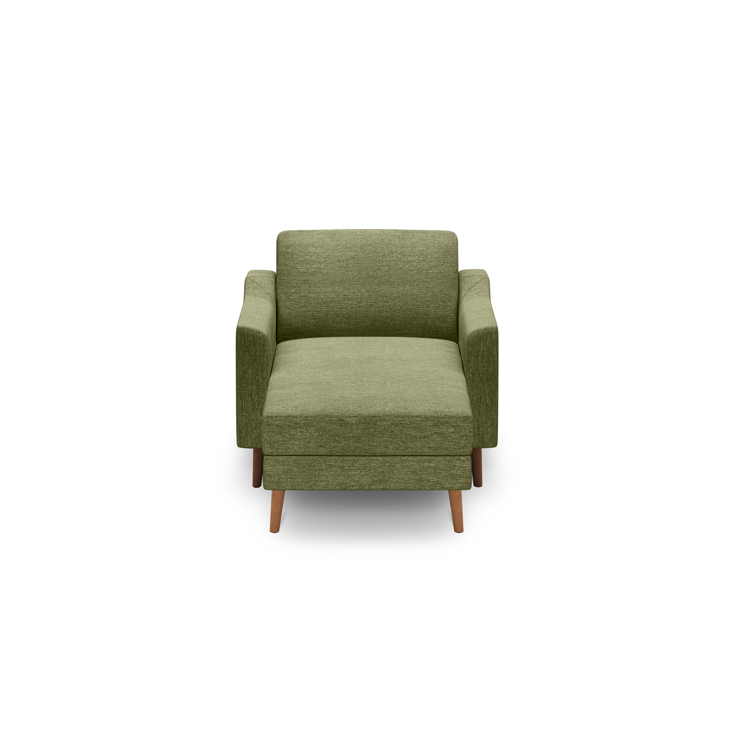 Front view of a modern olive green upholstered armchair with wooden legs and simple, clean lines.