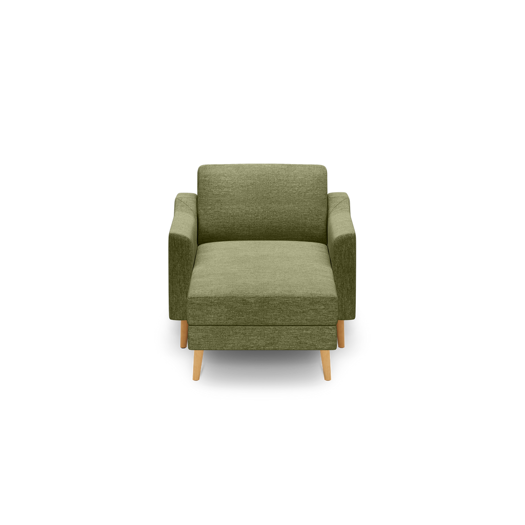 Front view of a modern olive-green upholstered armchair with wooden legs and cushioned seat and backrest.