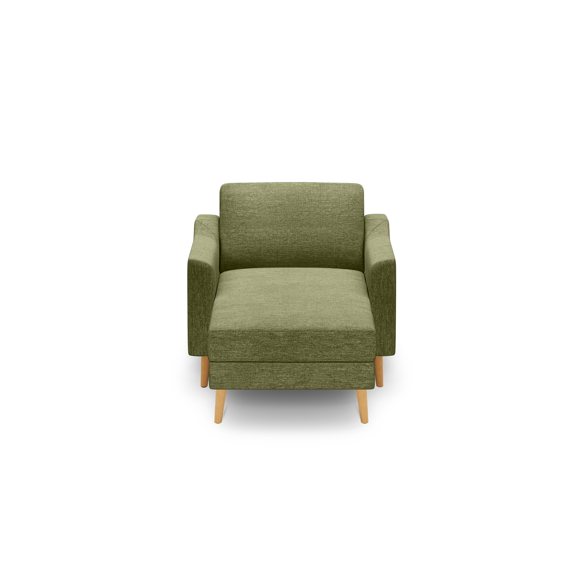 Front view of a modern olive-green upholstered armchair with wooden legs and cushioned seat and backrest.